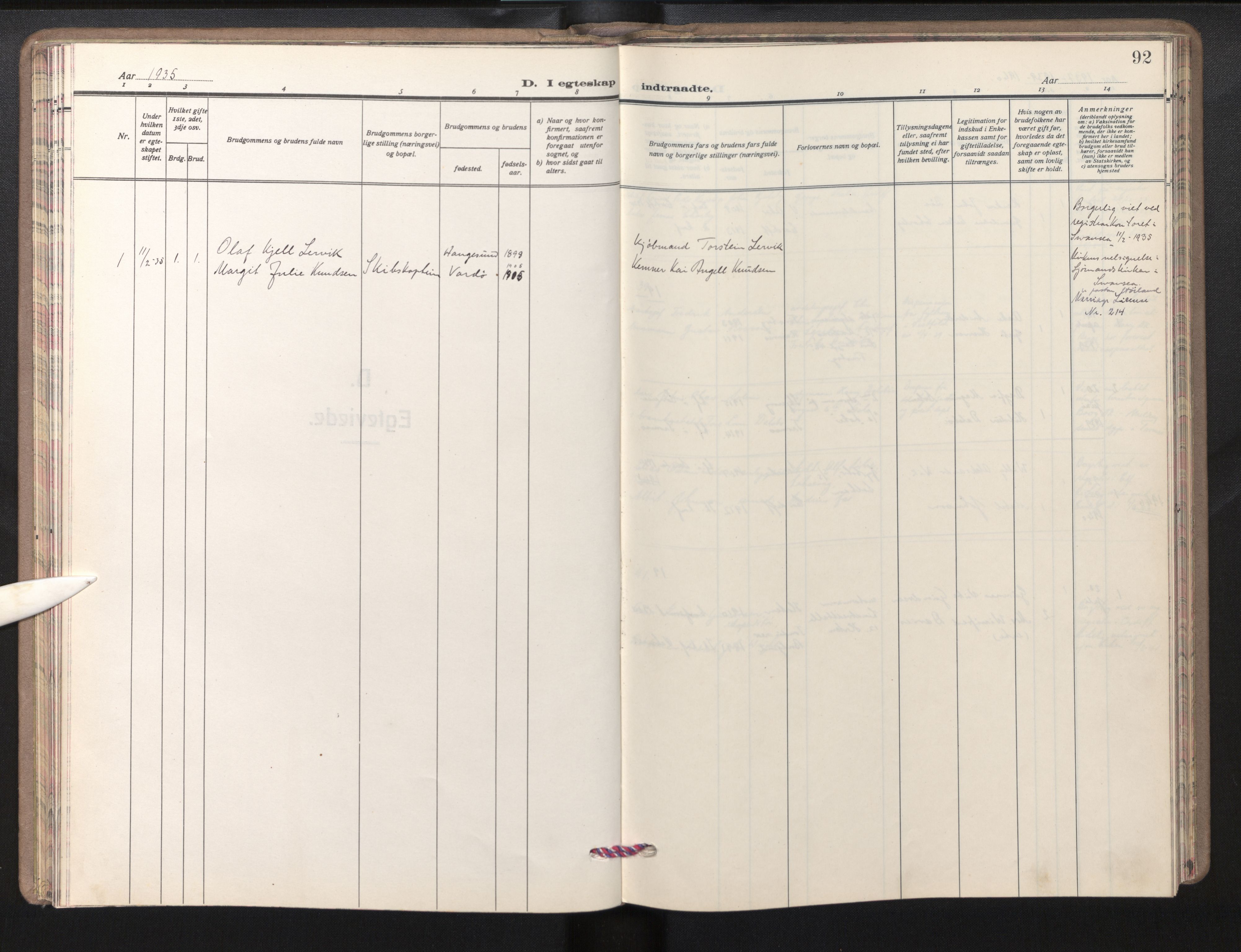 Den norske sjømannsmisjon i utlandet/Bristolhavnene(Cardiff-Swansea), AV/SAB-SAB/PA-0102/H/Ha/Haa/L0003: Parish register (official) no. A 3, 1932-1966, p. 91b-92a