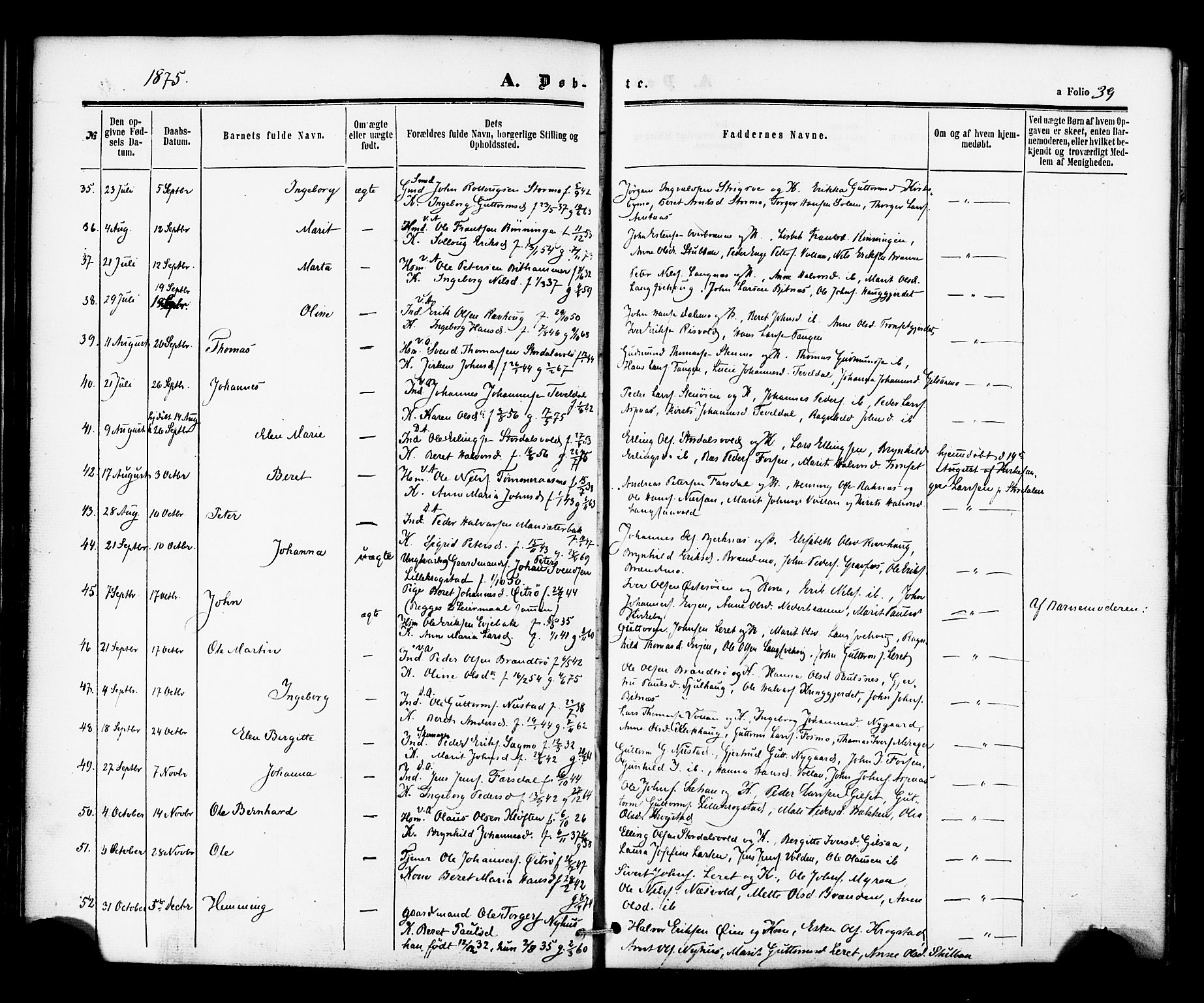 Ministerialprotokoller, klokkerbøker og fødselsregistre - Nord-Trøndelag, SAT/A-1458/706/L0041: Parish register (official) no. 706A02, 1862-1877, p. 39