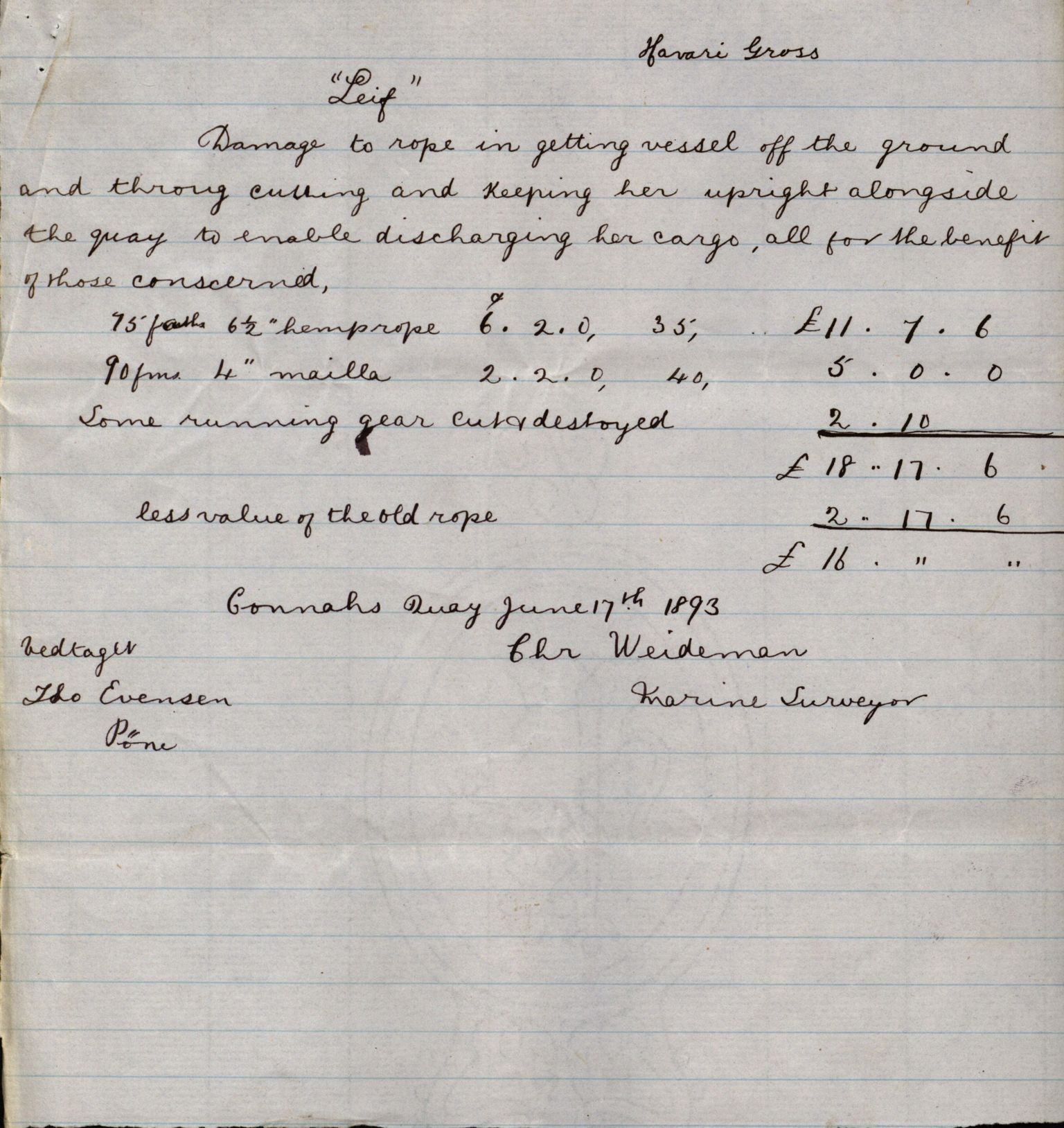 Pa 63 - Østlandske skibsassuranceforening, VEMU/A-1079/G/Ga/L0030/0001: Havaridokumenter / Leif, Korsvei, Margret, Mangerton, Mathilde, Island, Andover, 1893, p. 129