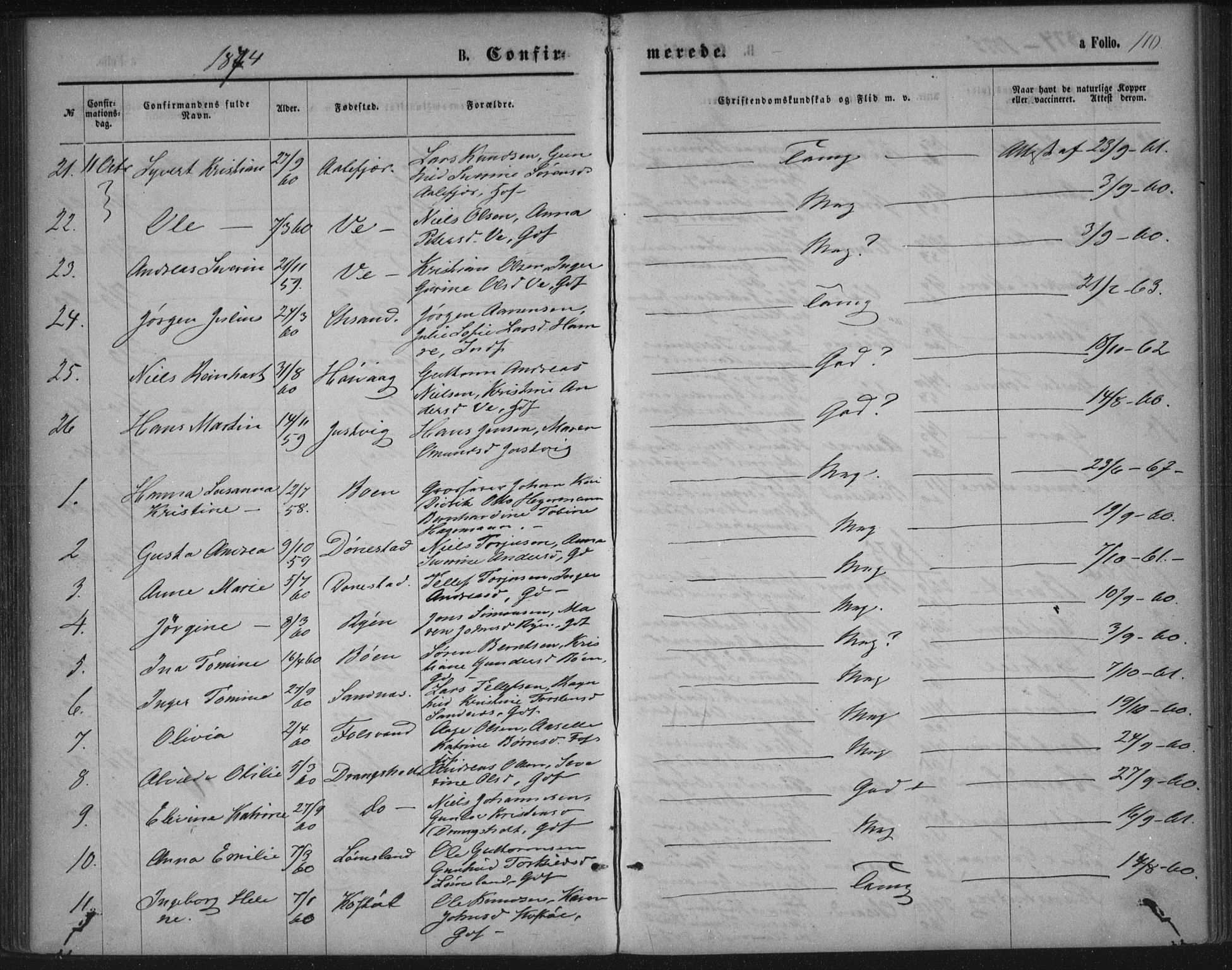 Tveit sokneprestkontor, AV/SAK-1111-0043/F/Fa/L0006: Parish register (official) no. A 6, 1872-1886, p. 110