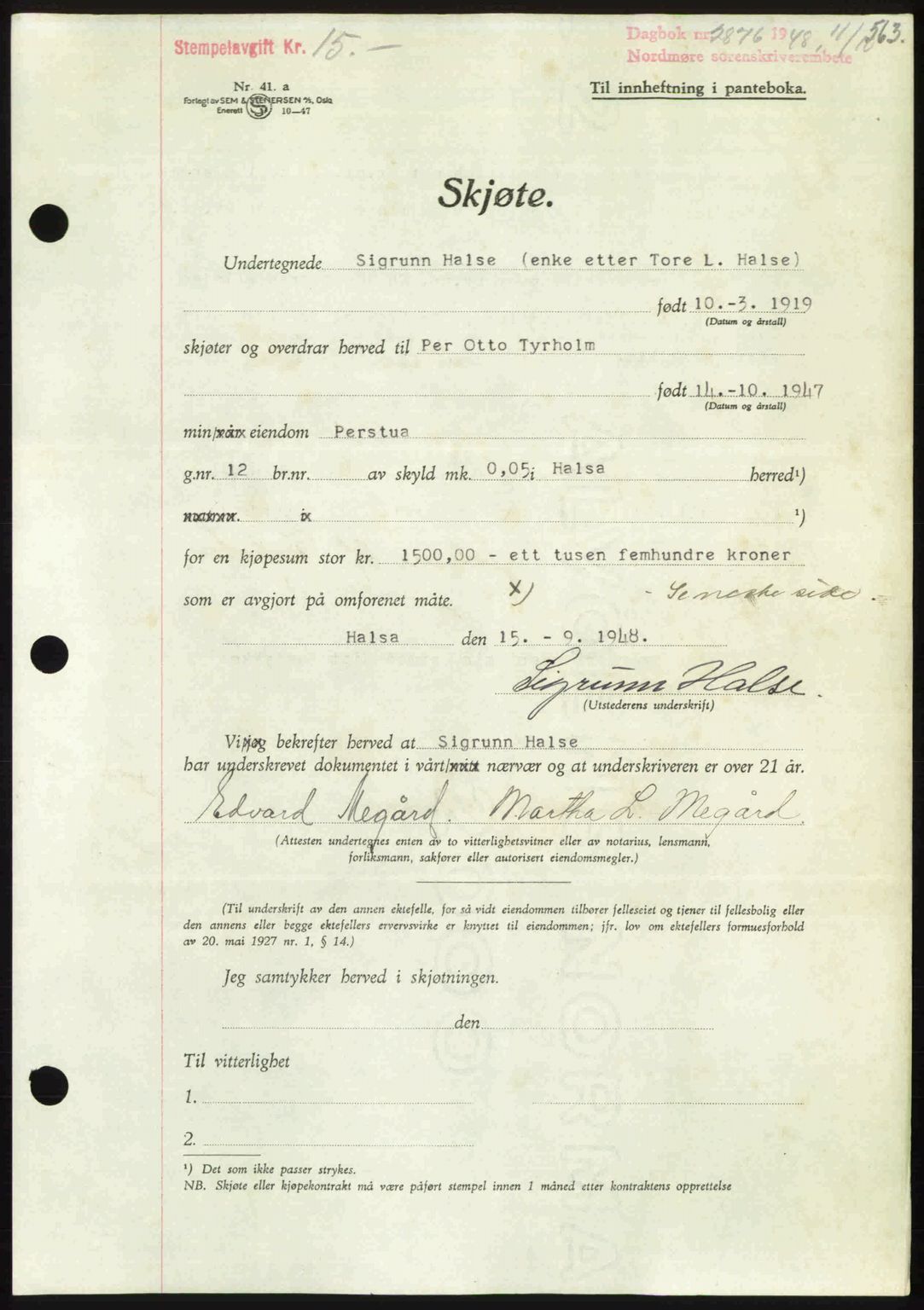 Nordmøre sorenskriveri, AV/SAT-A-4132/1/2/2Ca: Mortgage book no. A109, 1948-1948, Diary no: : 2876/1948