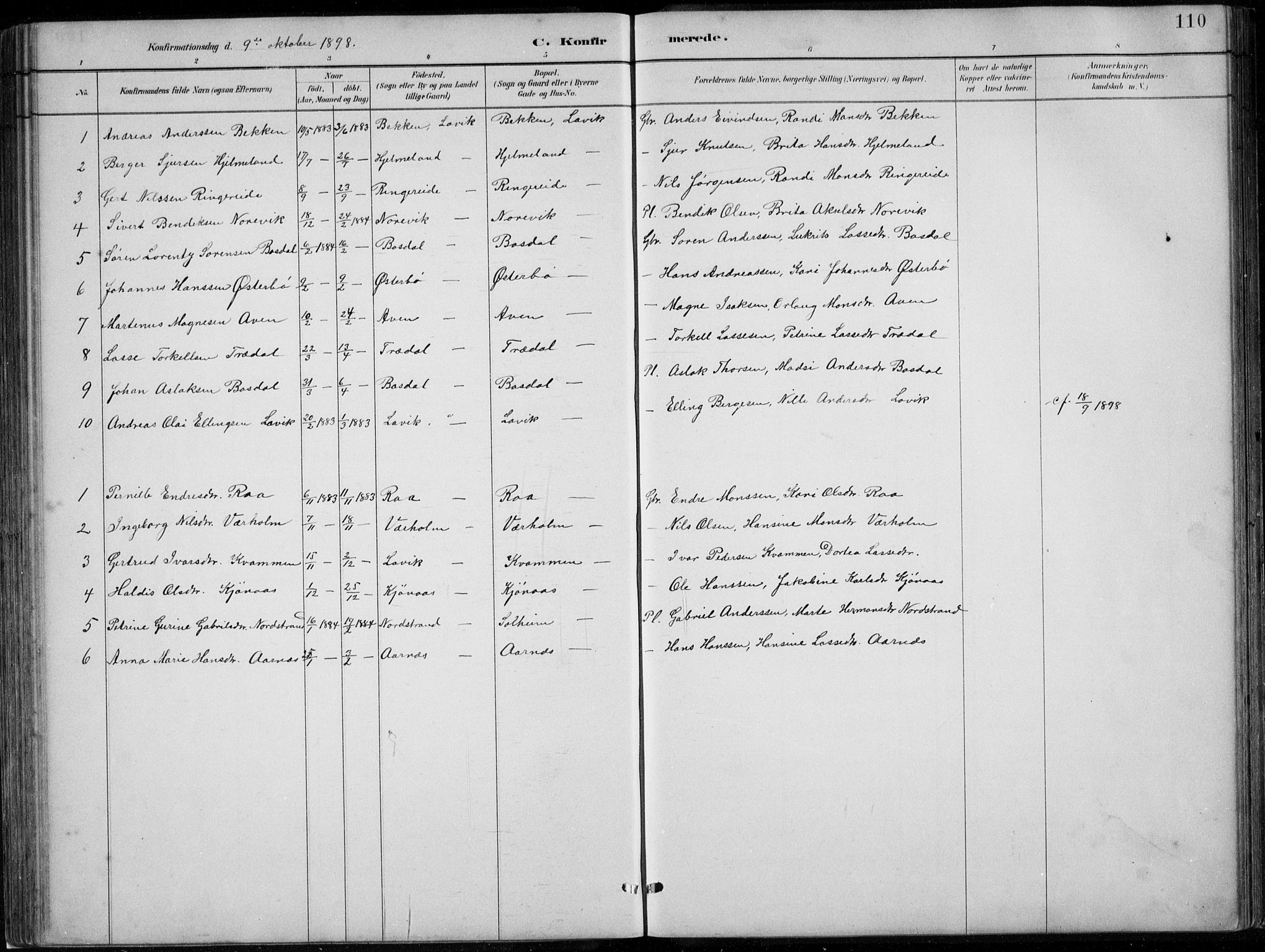 Lavik sokneprestembete, SAB/A-80901: Parish register (copy) no. A 2, 1882-1910, p. 110