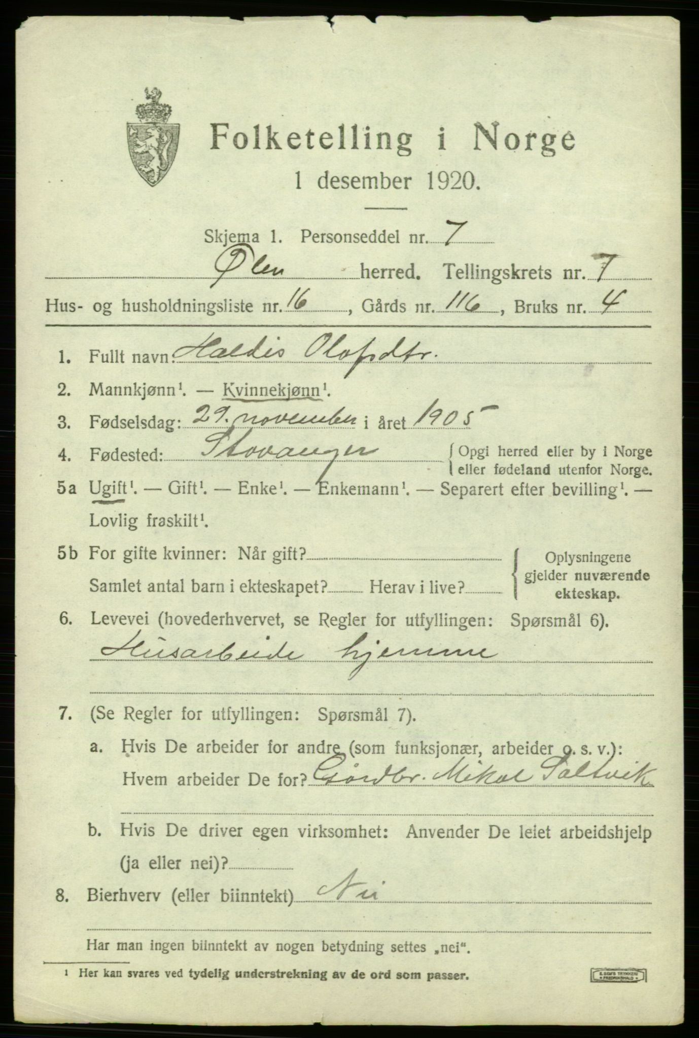 SAB, 1920 census for Ølen, 1920, p. 3393