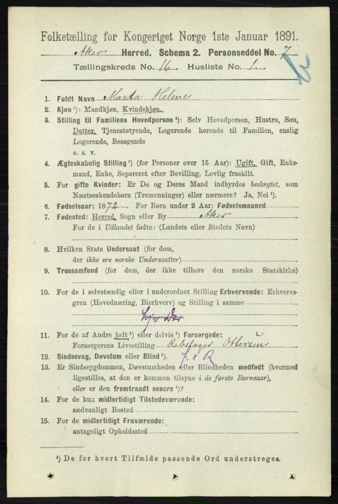 RA, 1891 census for 0218 Aker, 1891, p. 14043