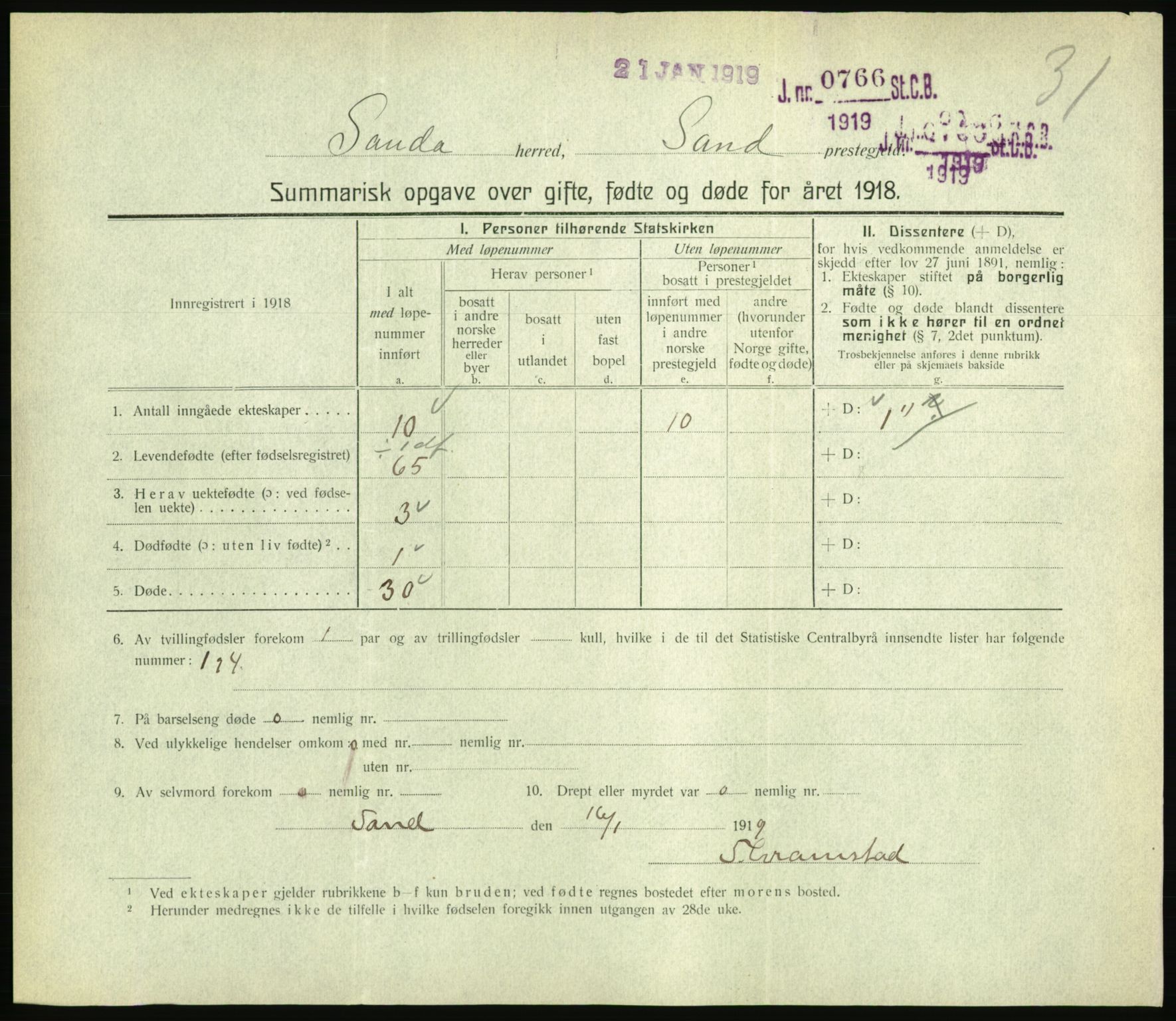 Statistisk sentralbyrå, Sosiodemografiske emner, Befolkning, AV/RA-S-2228/D/Df/Dfb/Dfbh/L0059: Summariske oppgaver over gifte, fødte og døde for hele landet., 1918, p. 853