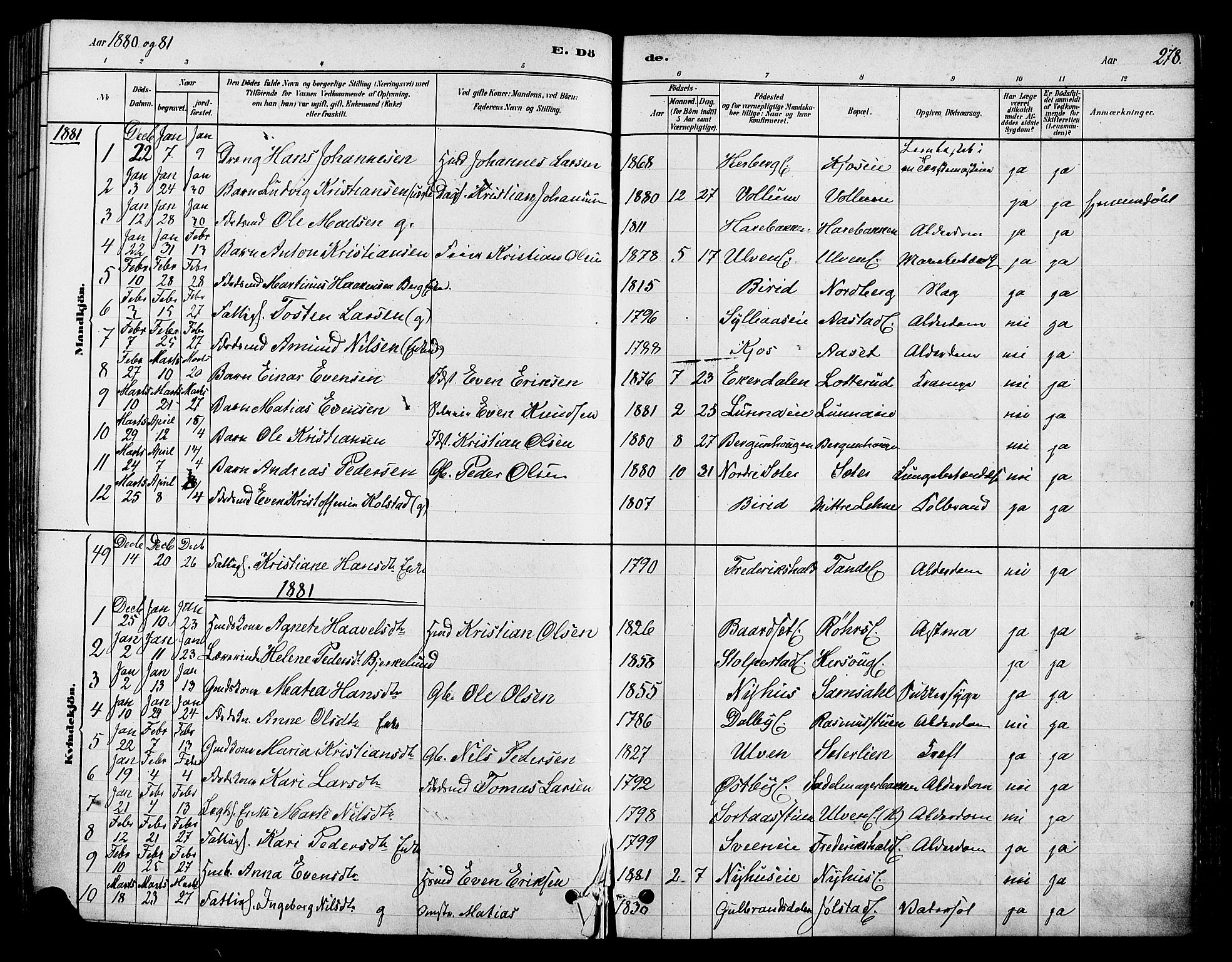 Ringsaker prestekontor, SAH/PREST-014/K/Ka/L0012: Parish register (official) no. 12, 1879-1890, p. 278