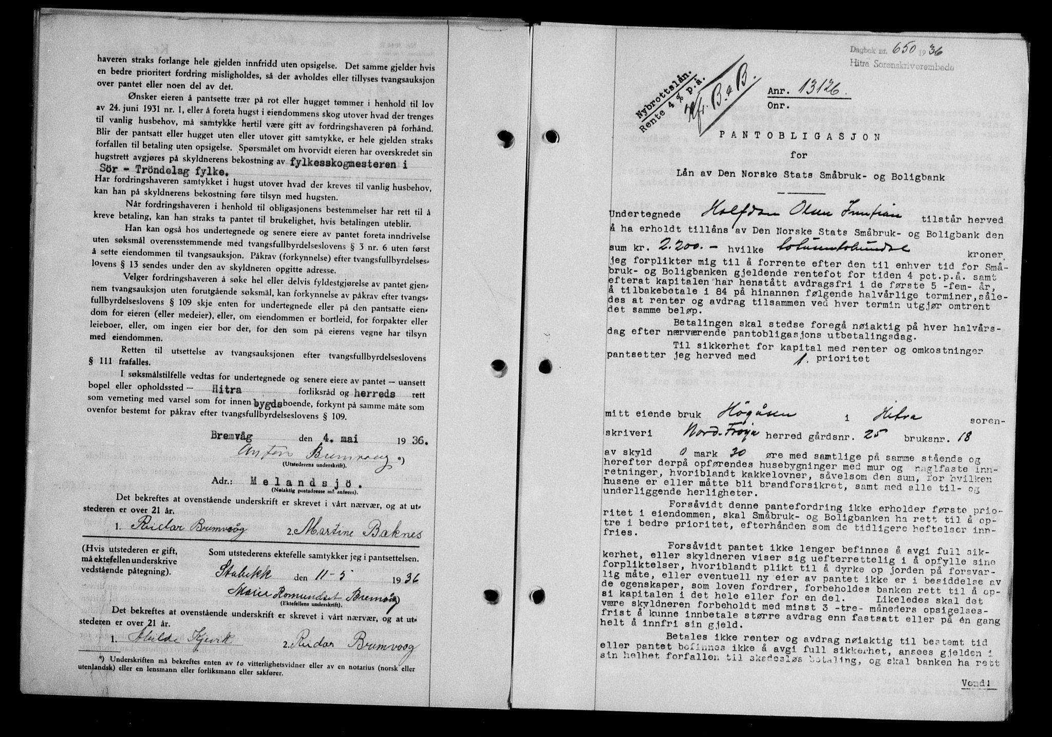 Hitra sorenskriveri, AV/SAT-A-0018/2/2C/2Ca/L0028: Mortgage book no. B-1, 1936-1939, Diary no: : 650/1936