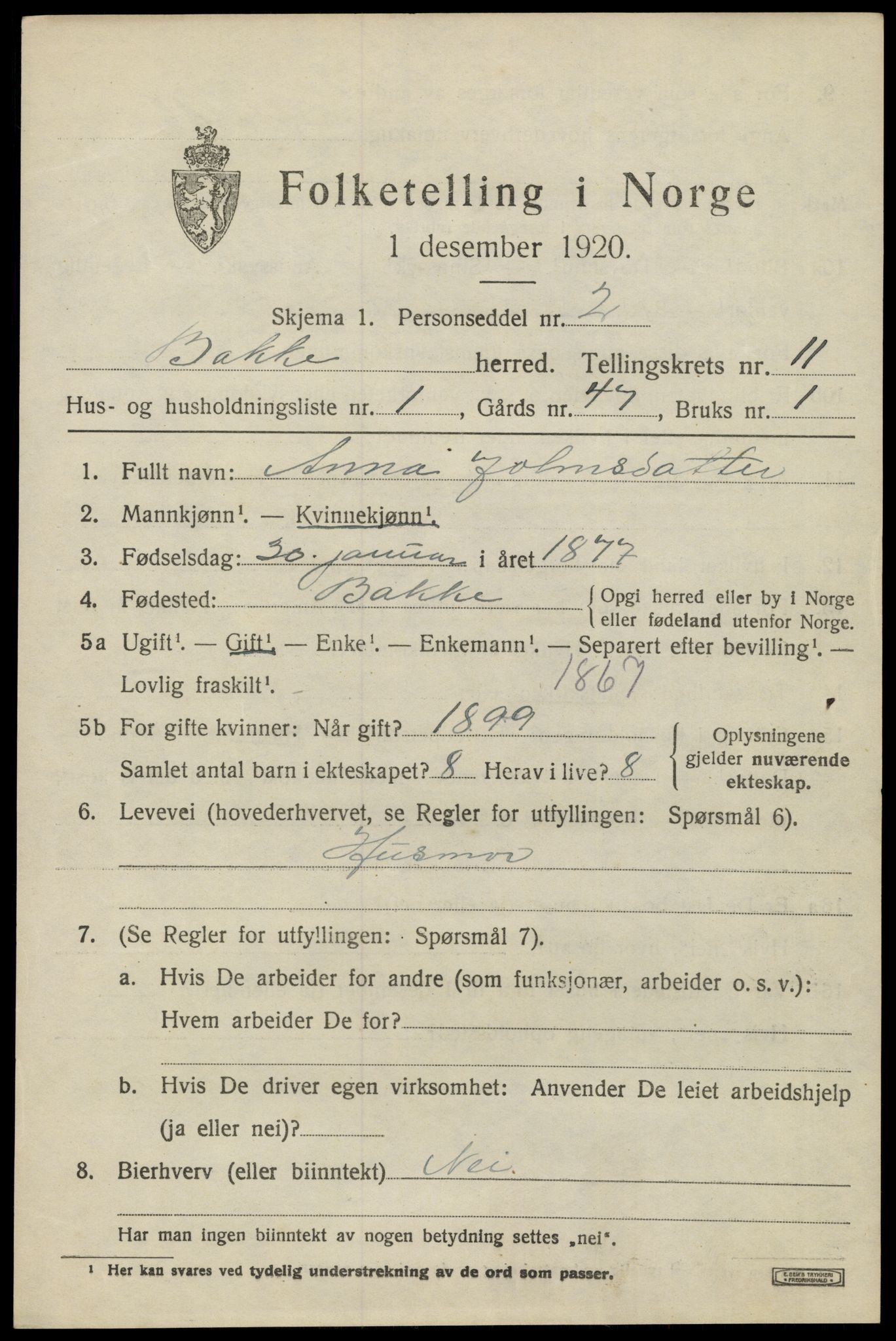 SAK, 1920 census for Bakke, 1920, p. 2828