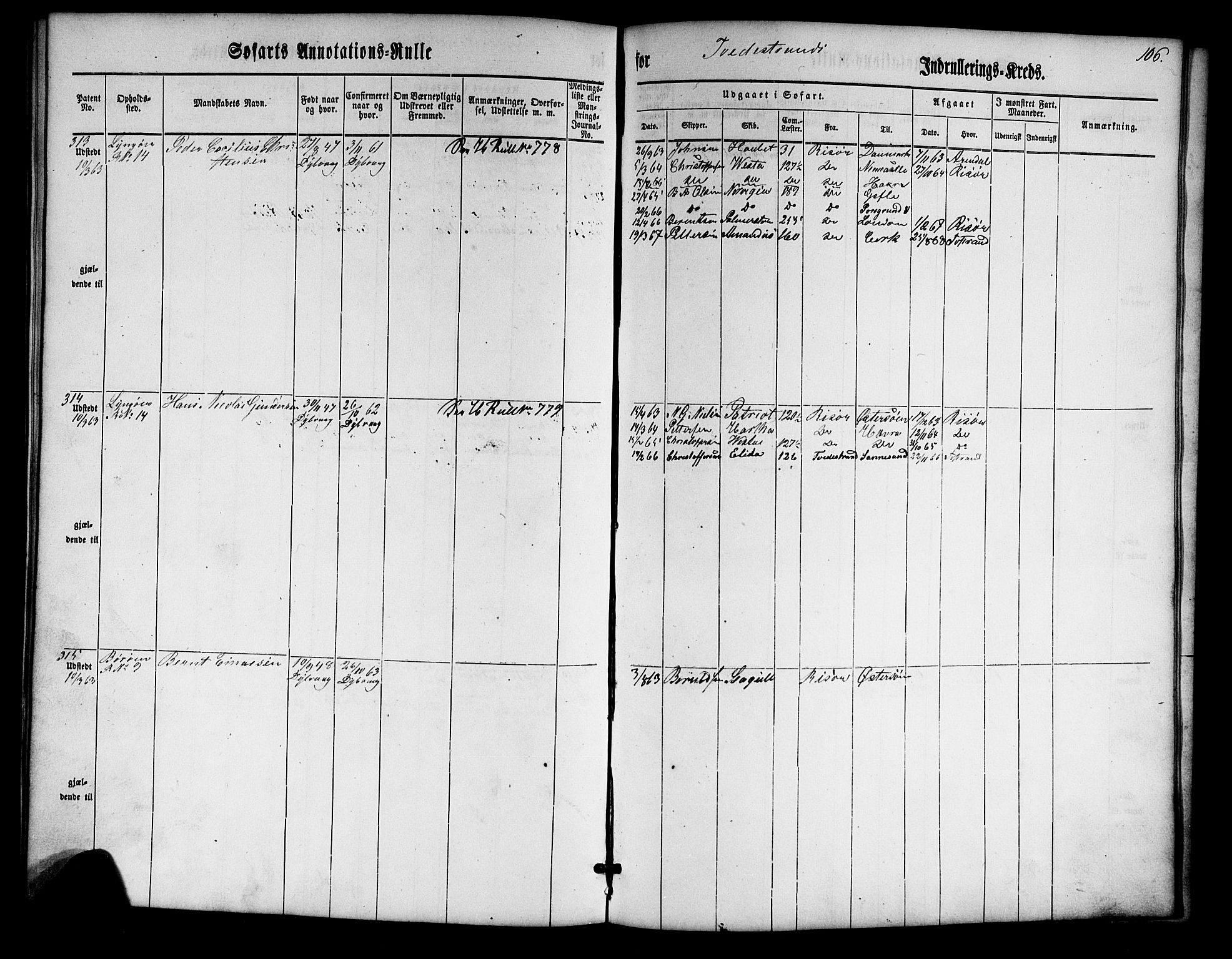 Tvedestrand mønstringskrets, AV/SAK-2031-0011/F/Fa/L0002: Annotasjonsrulle nr 1-435 med register, U-24, 1860-1865, p. 123