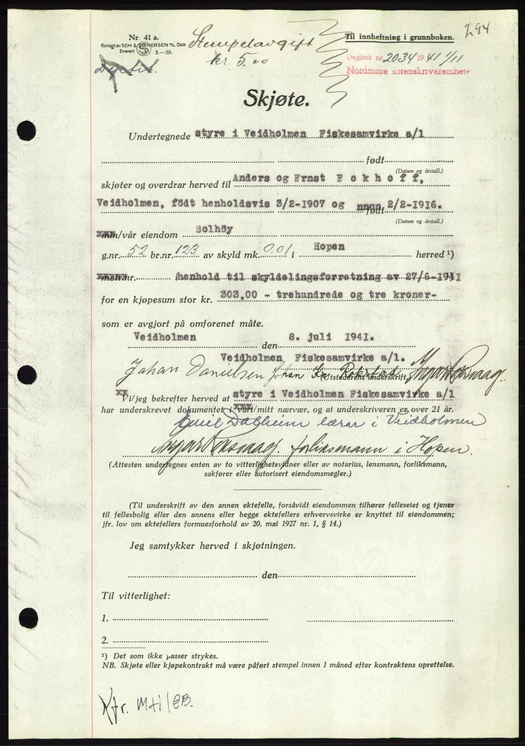 Nordmøre sorenskriveri, AV/SAT-A-4132/1/2/2Ca: Mortgage book no. A91, 1941-1942, Diary no: : 2034/1941