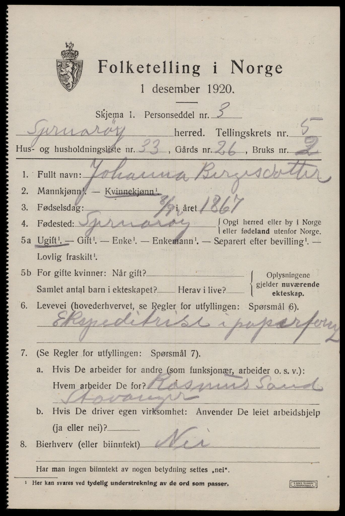 SAST, 1920 census for Sjernarøy, 1920, p. 1542