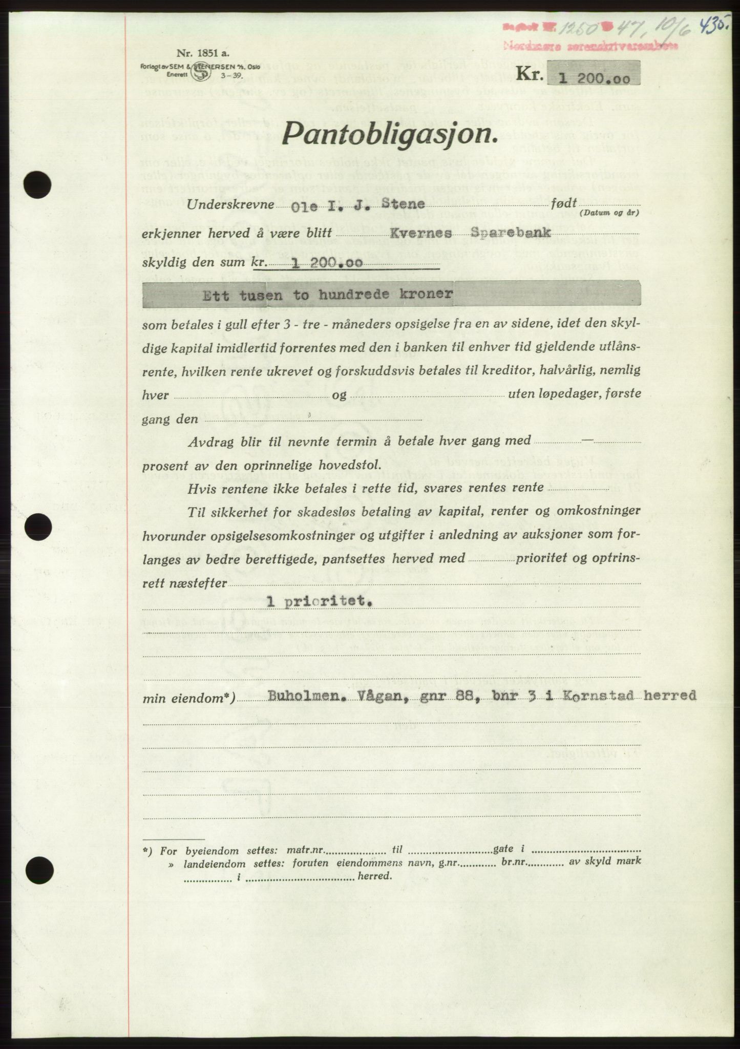 Nordmøre sorenskriveri, AV/SAT-A-4132/1/2/2Ca: Mortgage book no. B96, 1947-1947, Diary no: : 1250/1947