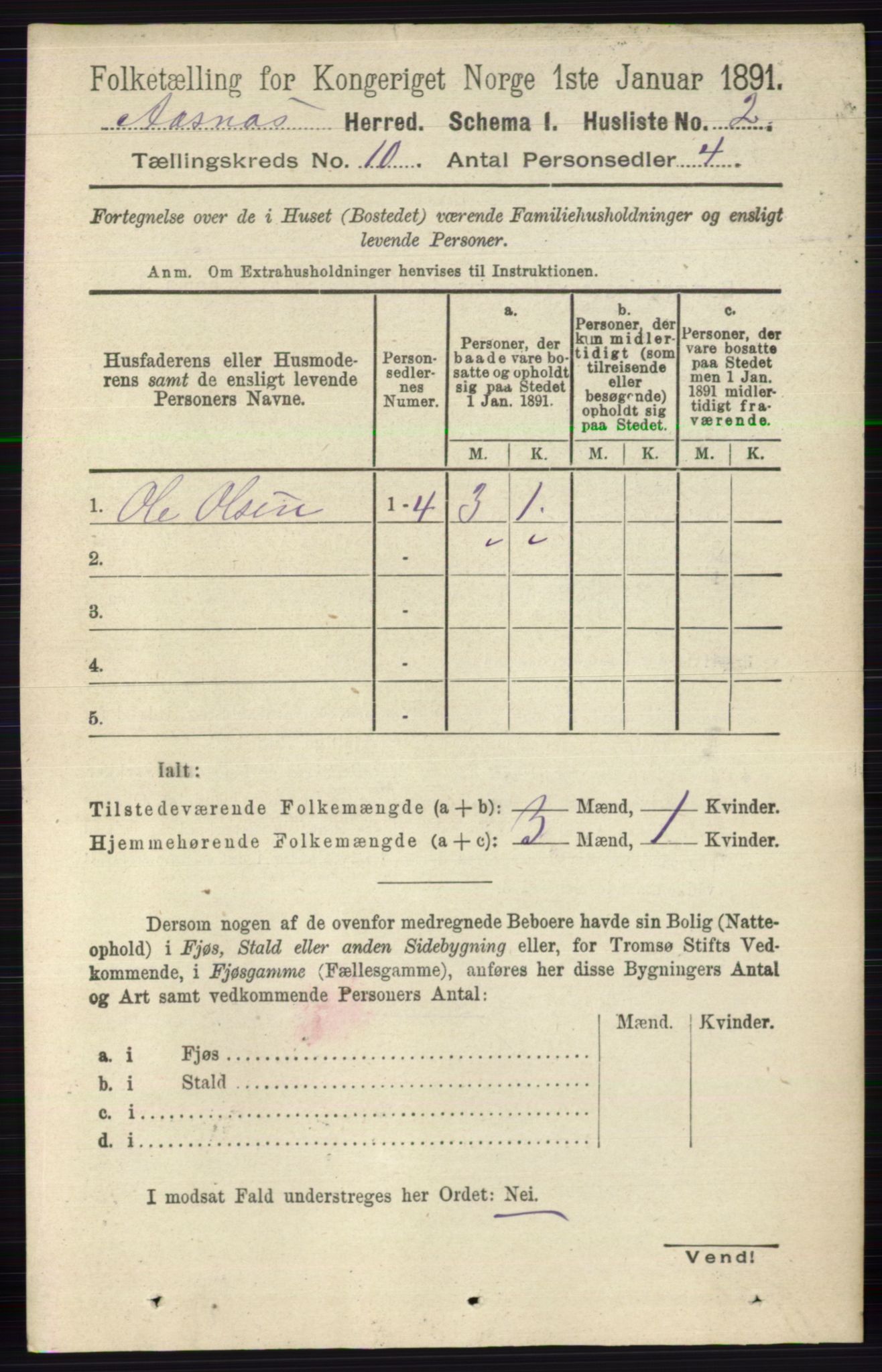 RA, 1891 census for 0425 Åsnes, 1891, p. 4989