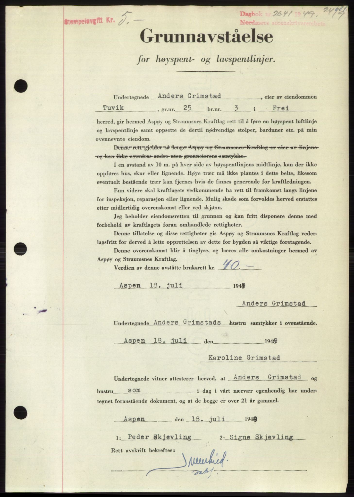 Nordmøre sorenskriveri, AV/SAT-A-4132/1/2/2Ca: Mortgage book no. B102, 1949-1949, Diary no: : 2641/1949