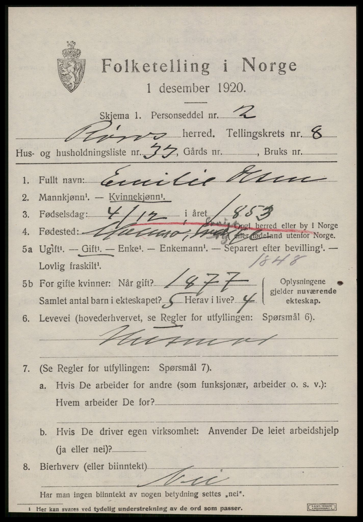 SAT, 1920 census for Røros, 1920, p. 7674