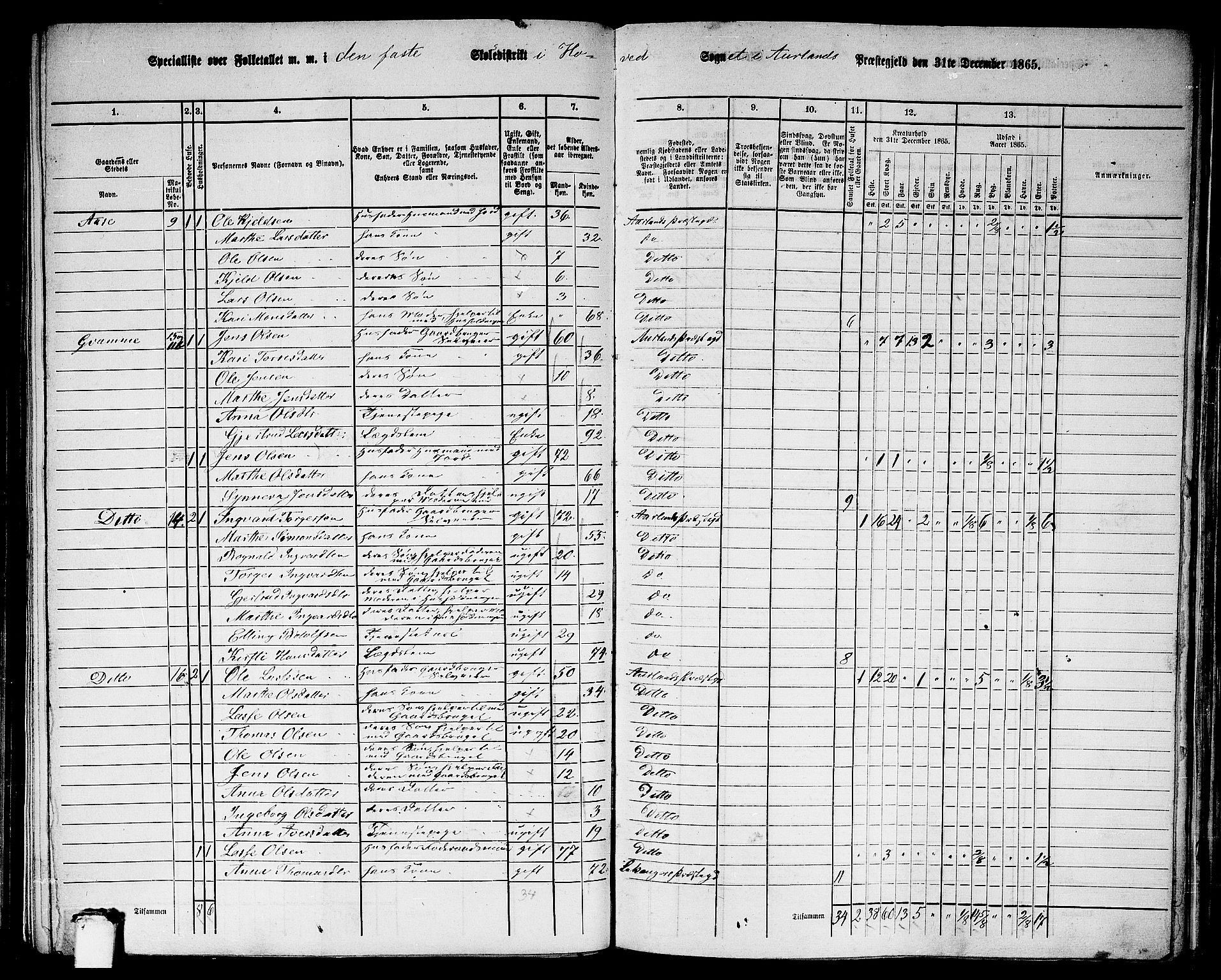 RA, 1865 census for Aurland, 1865, p. 15