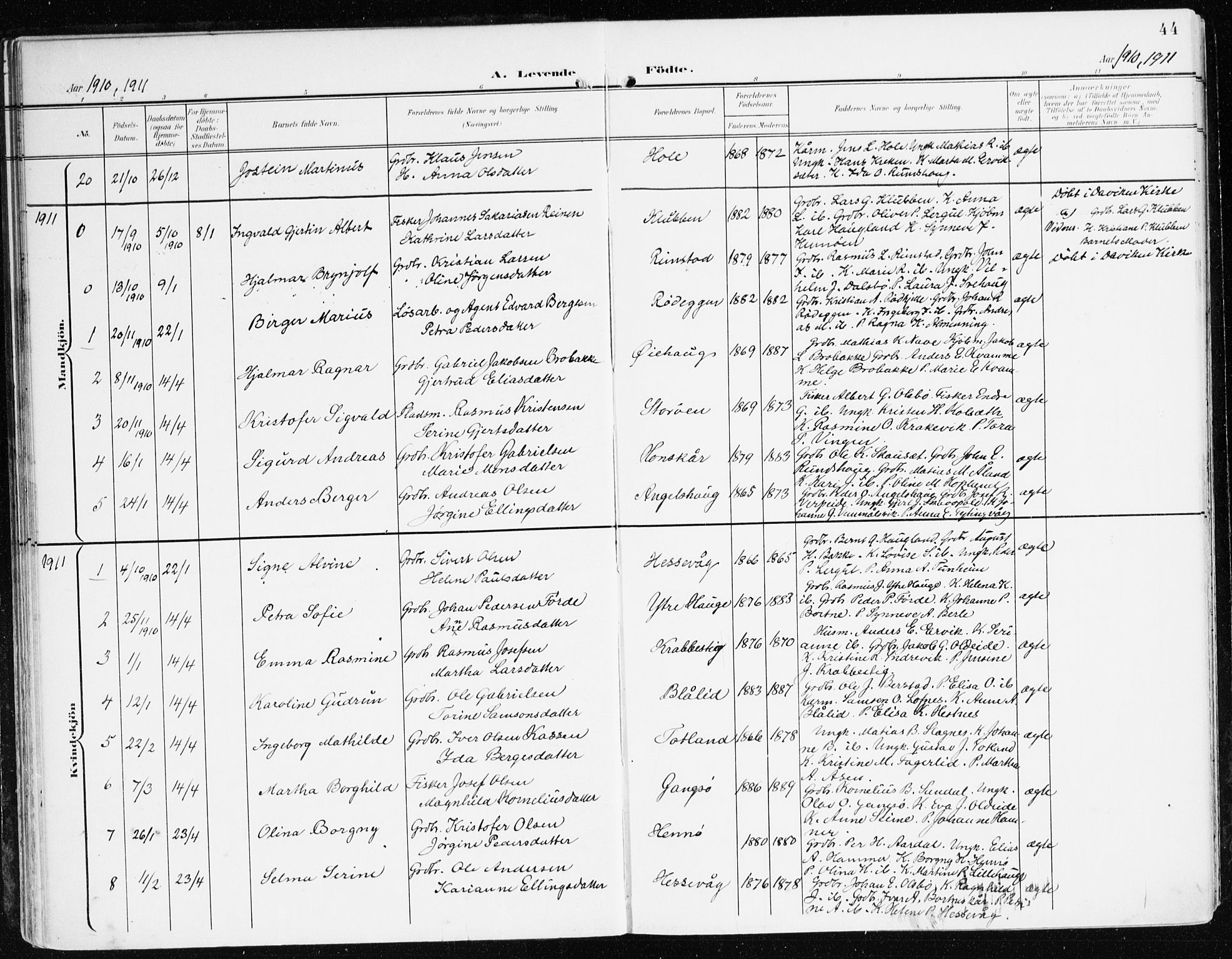 Davik sokneprestembete, AV/SAB-A-79701/H/Haa/Haad/L0002: Parish register (official) no. D 2, 1901-1930, p. 44