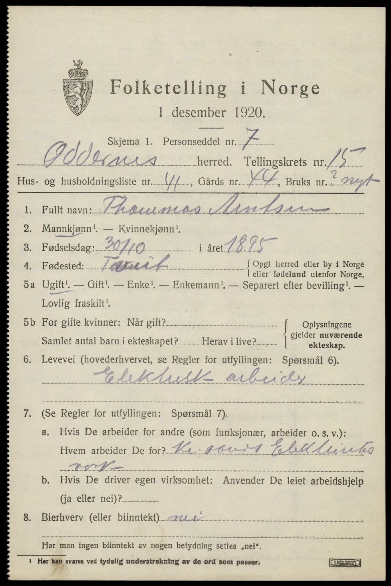 SAK, 1920 census for Oddernes, 1920, p. 10473