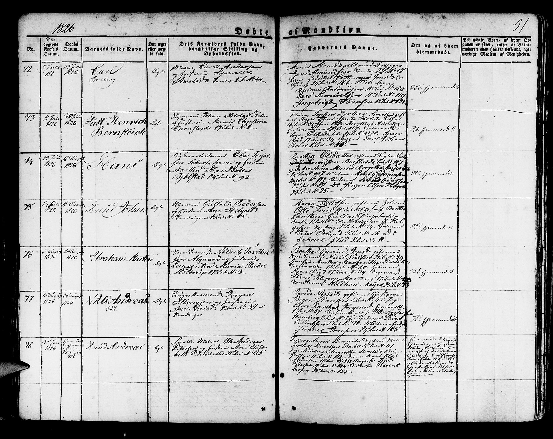 Korskirken sokneprestembete, AV/SAB-A-76101/H/Haa/L0014: Parish register (official) no. A 14, 1823-1835, p. 51