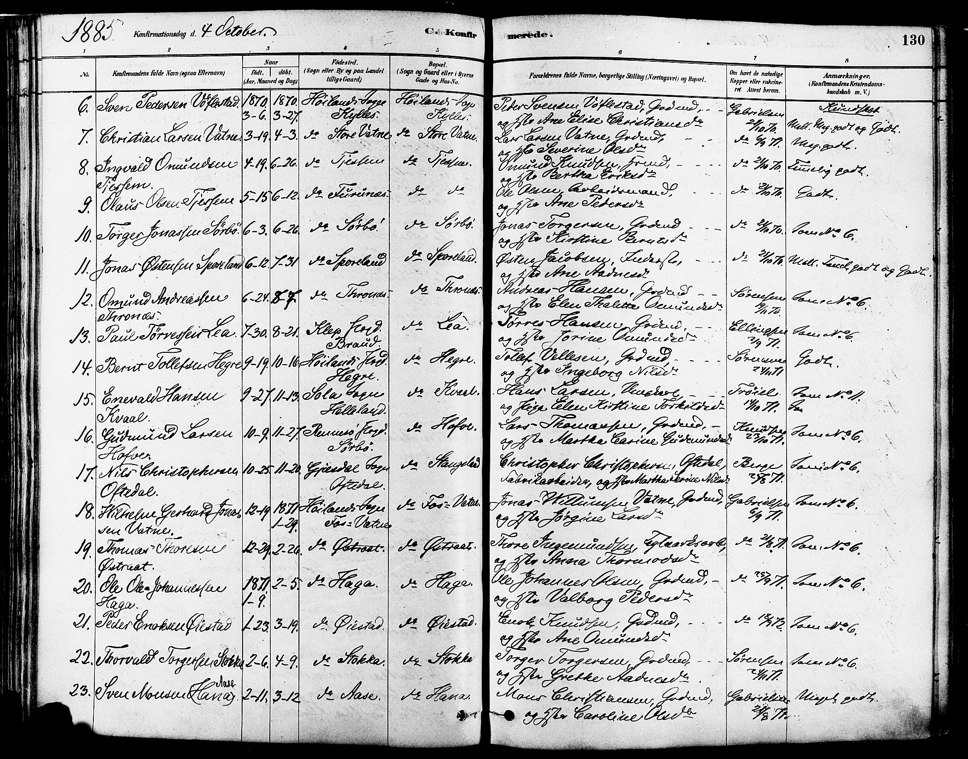 Høyland sokneprestkontor, AV/SAST-A-101799/001/30BA/L0011: Parish register (official) no. A 10, 1878-1888, p. 130