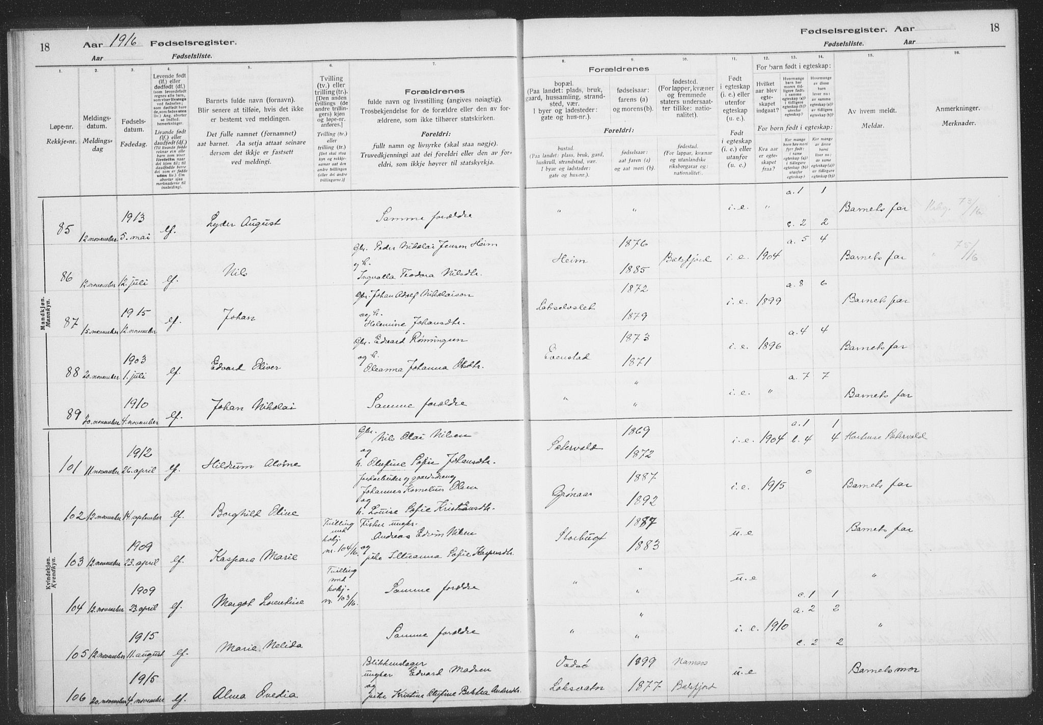 Balsfjord sokneprestembete, AV/SATØ-S-1303/H/Hb/L0059: Birth register no. 59, 1916-1930, p. 18