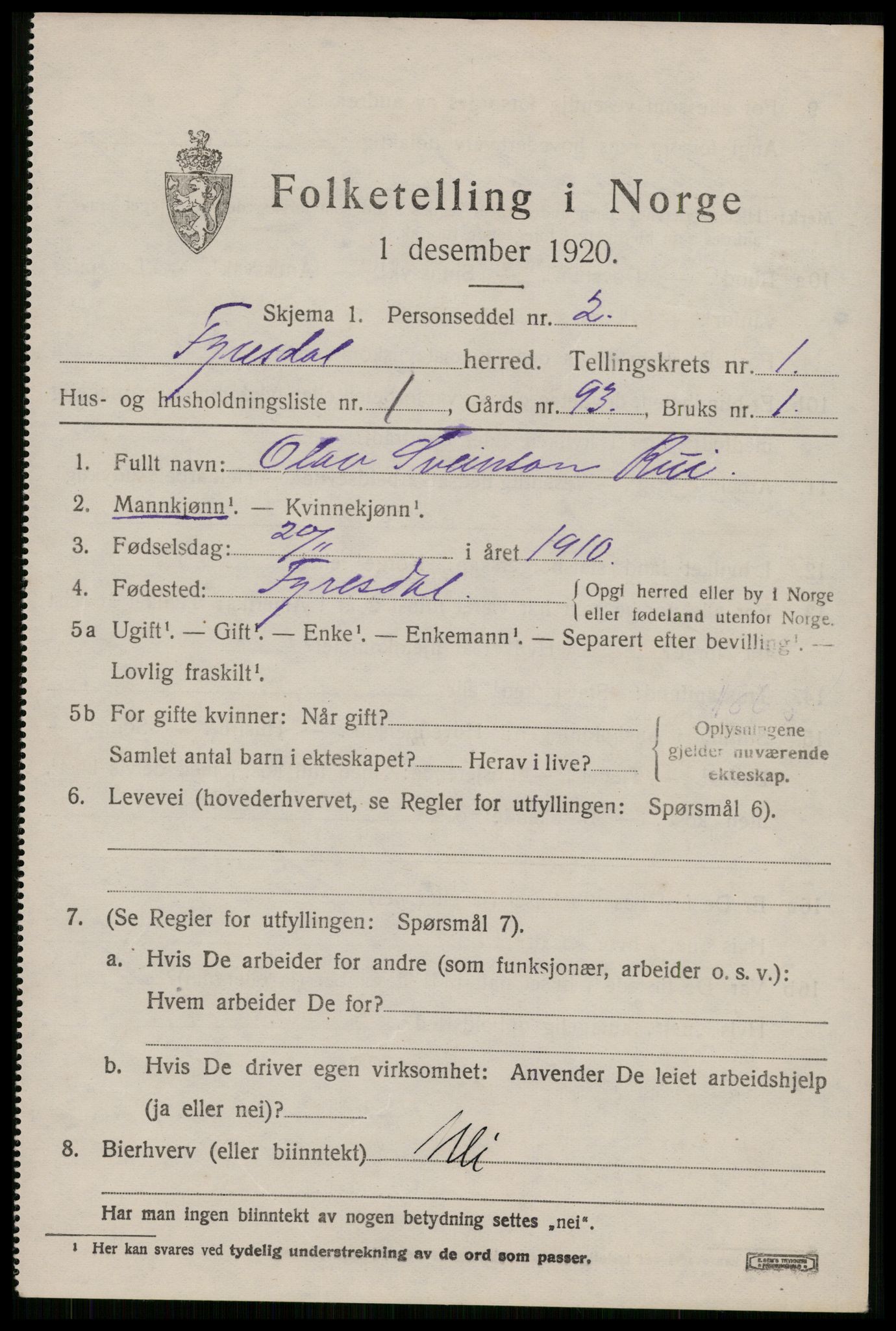 SAKO, 1920 census for Fyresdal, 1920, p. 967