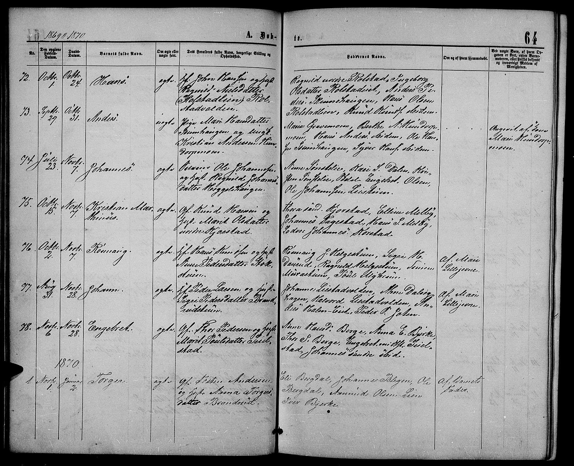 Sør-Fron prestekontor, AV/SAH-PREST-010/H/Ha/Hab/L0002: Parish register (copy) no. 2, 1864-1883, p. 64