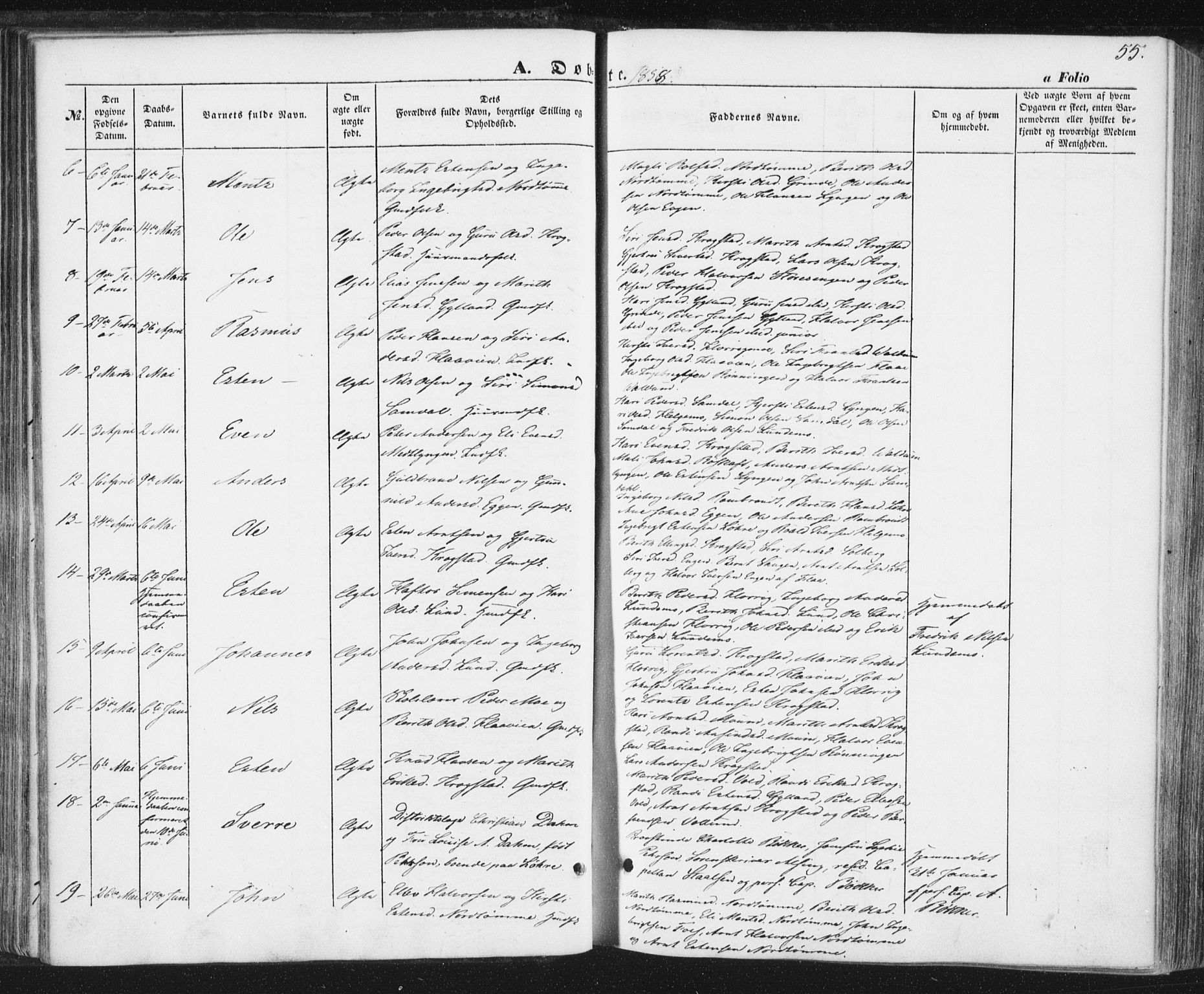Ministerialprotokoller, klokkerbøker og fødselsregistre - Sør-Trøndelag, SAT/A-1456/692/L1103: Parish register (official) no. 692A03, 1849-1870, p. 55