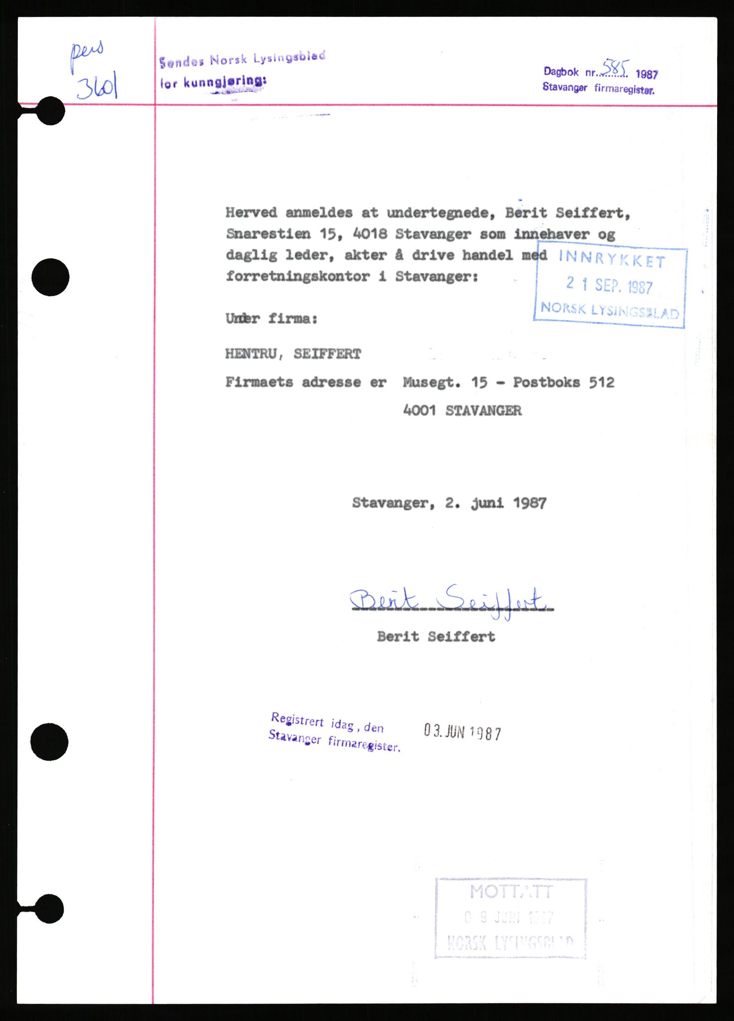 Stavanger byfogd, AV/SAST-A-101408/002/J/Jd/Jde/L0030b: Registreringsmeldinger og bilag. Enkeltmannsforetak, 3601-3655, 1987, p. 2