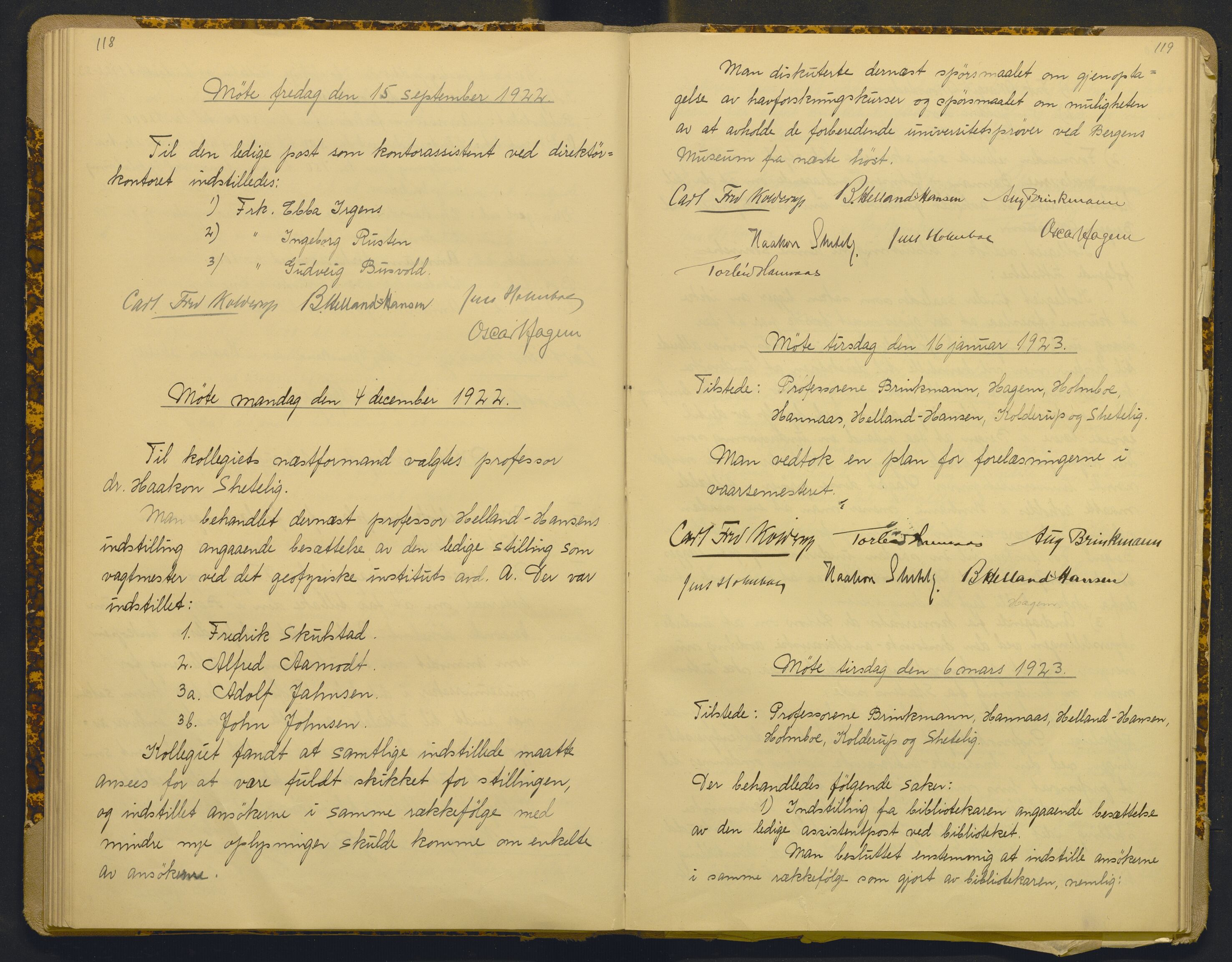 Bergens Museum, AV/SAB-A-17301/18/A/L0001: Bestyrerkollegiets forhandlingsprotokoll med register , 1907-1927, p. 118-119