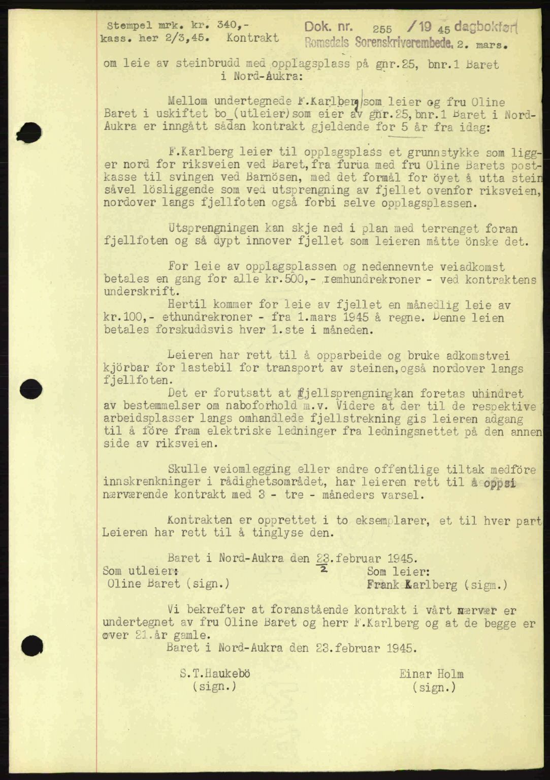 Romsdal sorenskriveri, AV/SAT-A-4149/1/2/2C: Mortgage book no. B2, 1939-1945, Diary no: : 255/1945