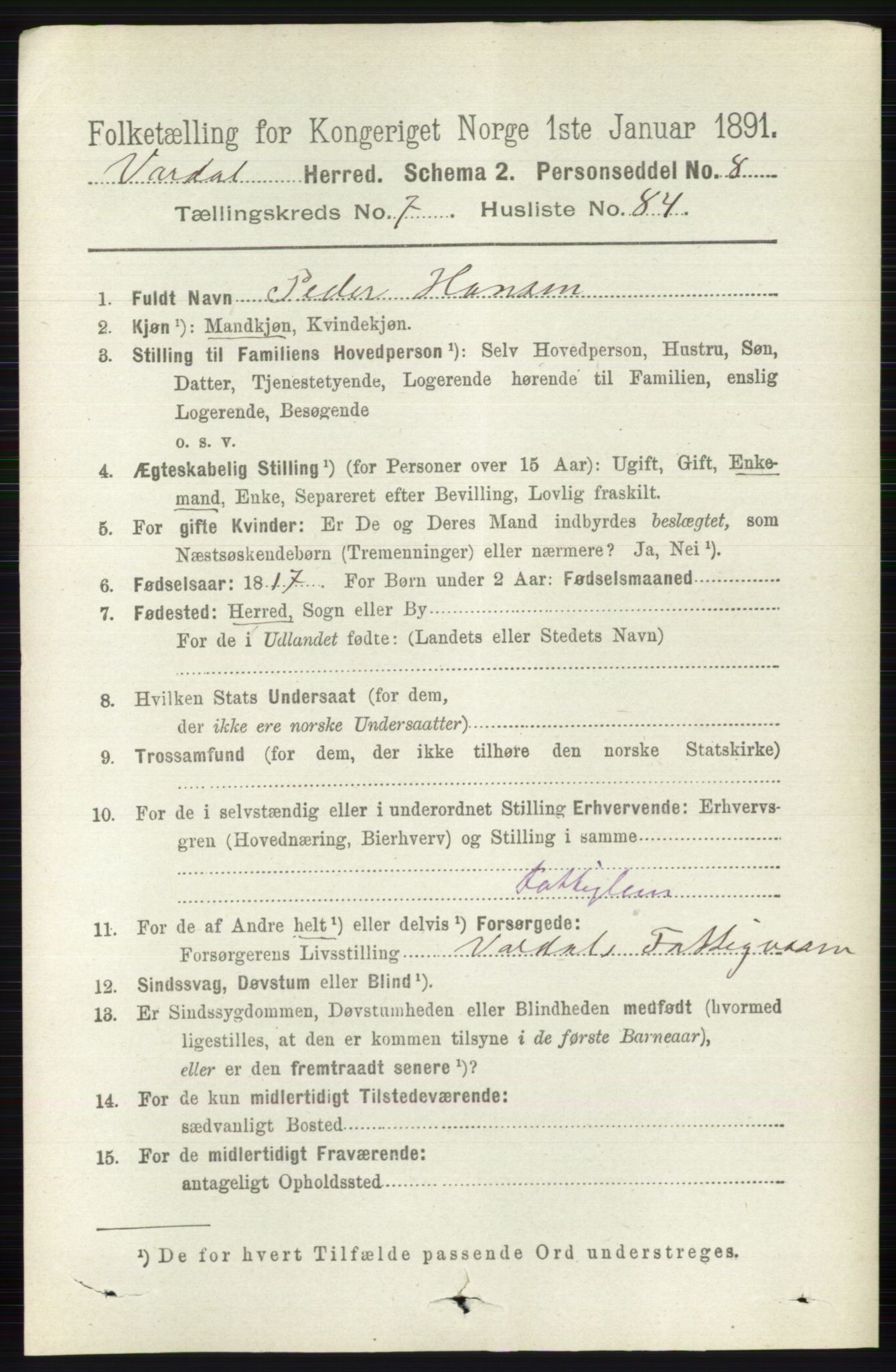 RA, 1891 census for 0527 Vardal, 1891, p. 3565