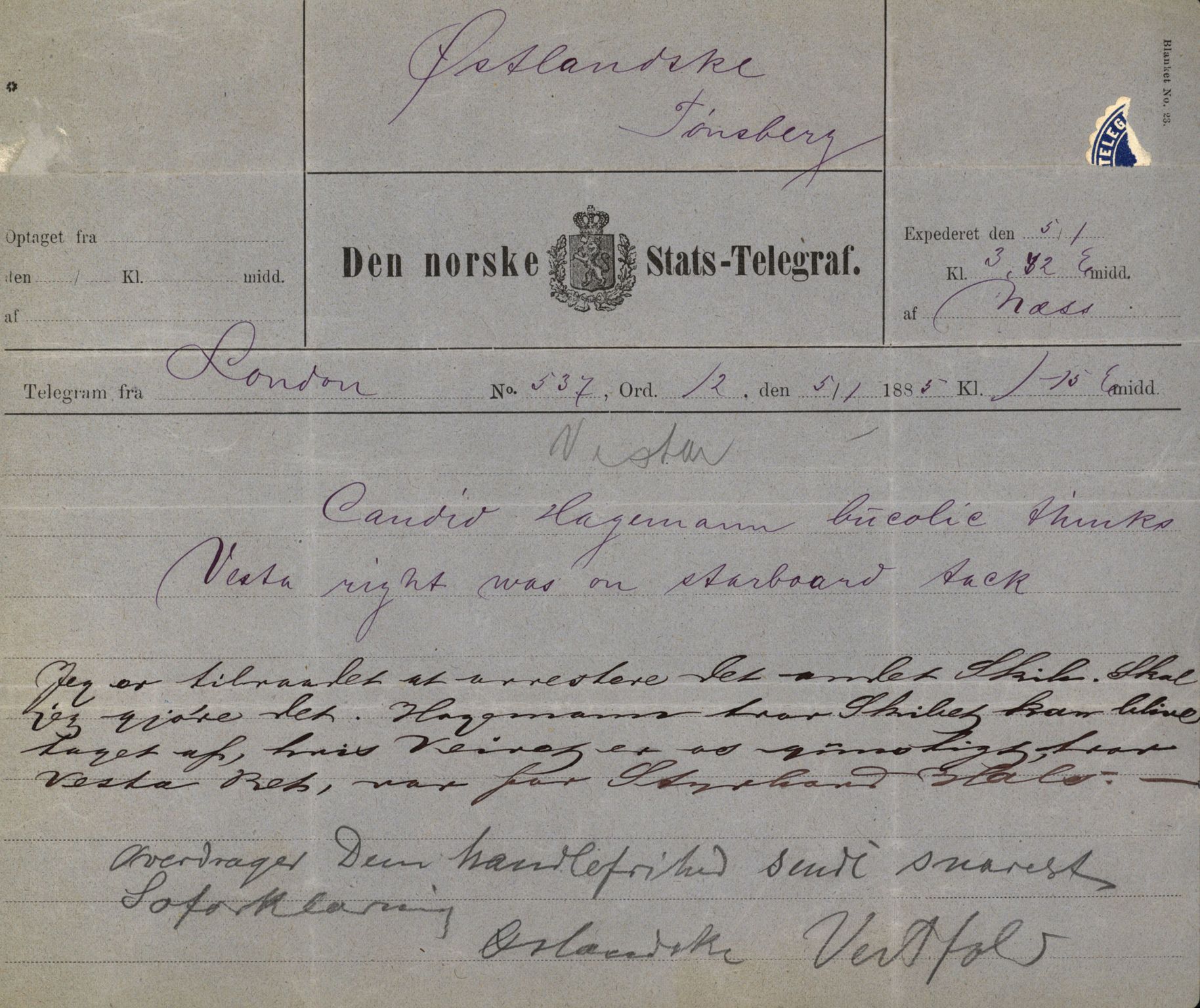 Pa 63 - Østlandske skibsassuranceforening, VEMU/A-1079/G/Ga/L0018/0010: Havaridokumenter / Tagal, Vesta, Tordenskjold av Bergen, Tordenskjold av Kristiansand, 1885, p. 90