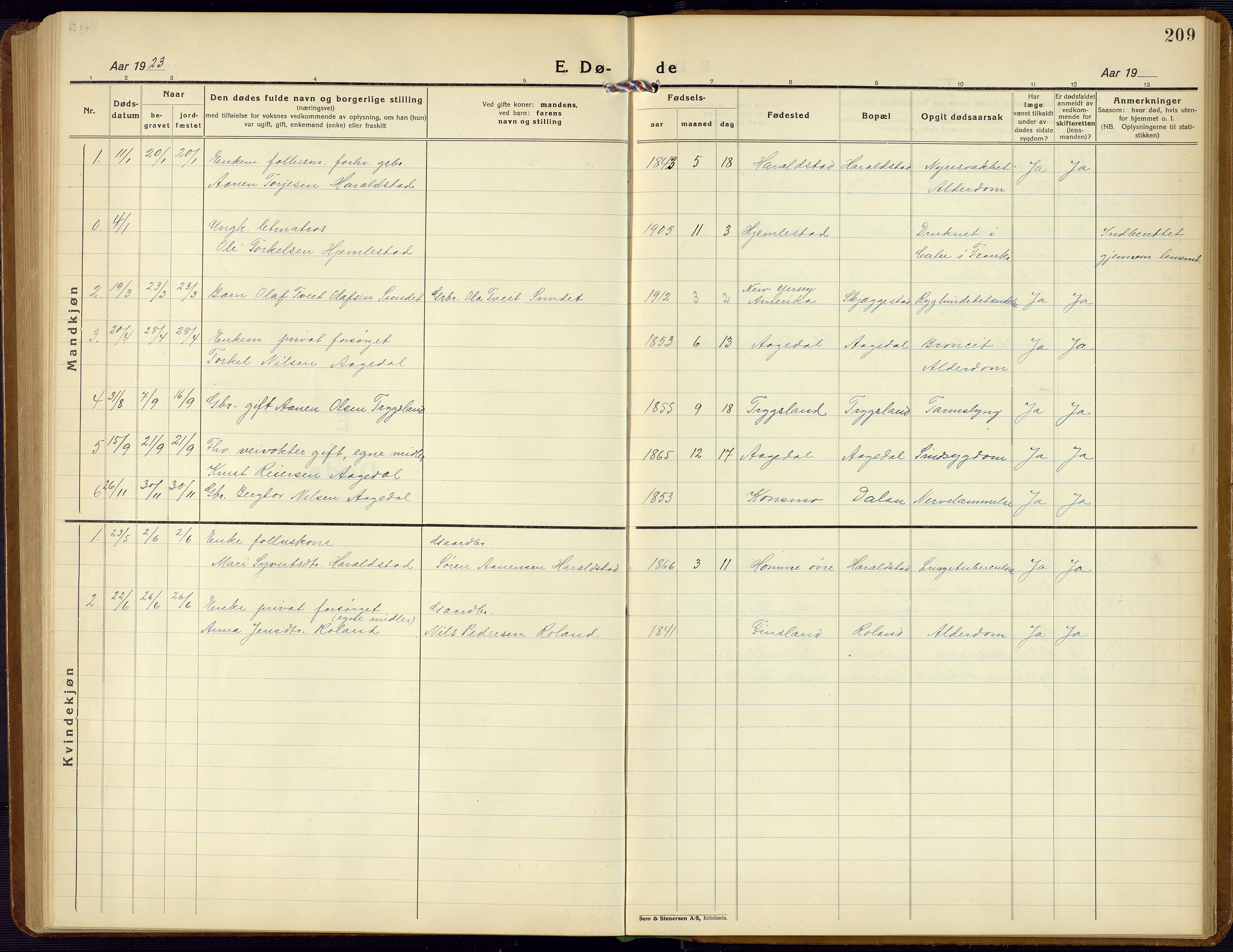 Bjelland sokneprestkontor, SAK/1111-0005/F/Fb/Fba/L0006: Parish register (copy) no. B 6, 1923-1956, p. 209