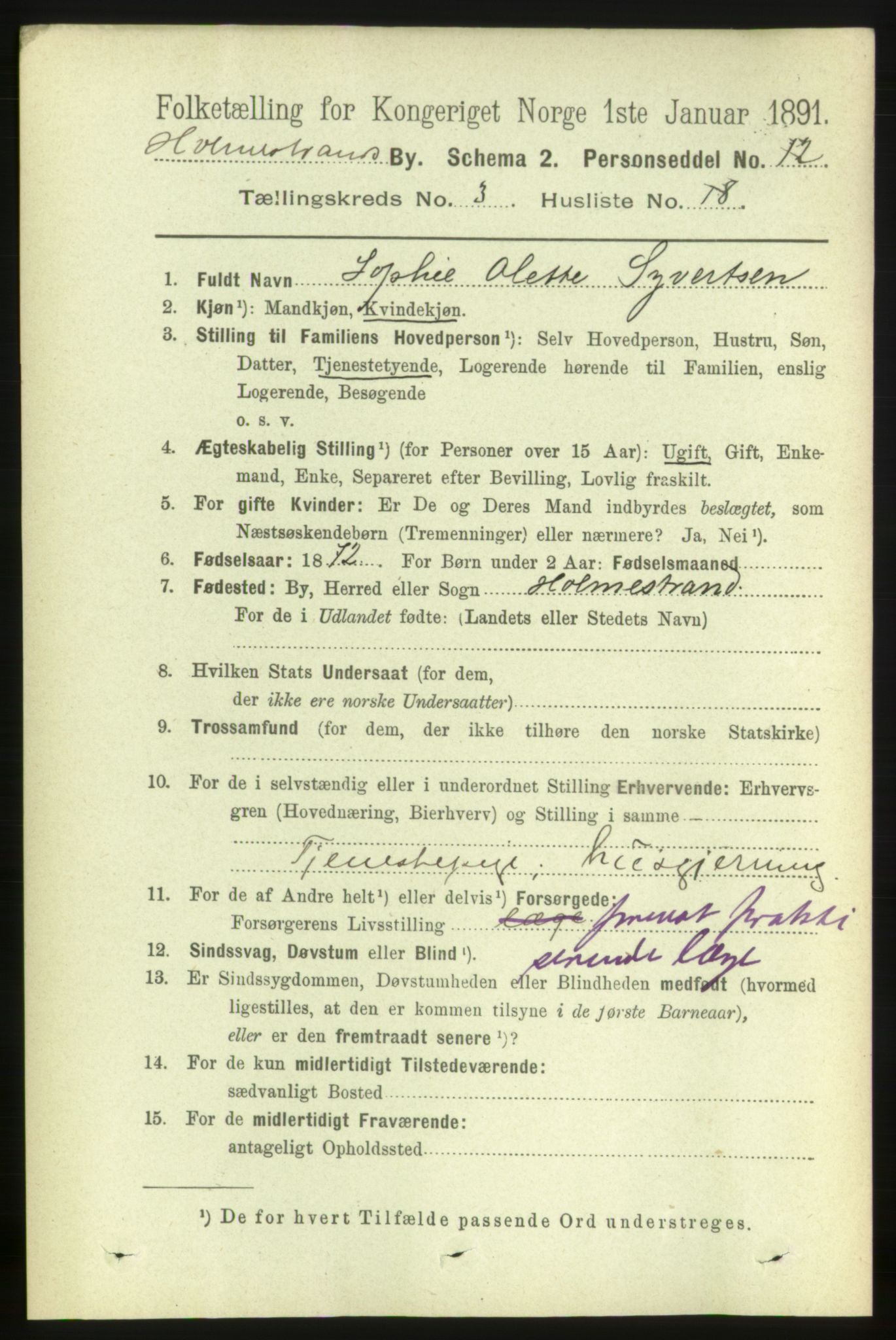 RA, 1891 census for 0702 Holmestrand, 1891, p. 1923