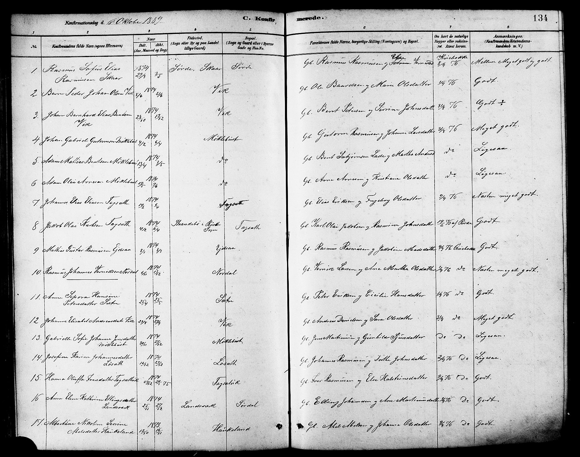 Ministerialprotokoller, klokkerbøker og fødselsregistre - Møre og Romsdal, AV/SAT-A-1454/502/L0027: Parish register (copy) no. 502C01, 1878-1908, p. 134