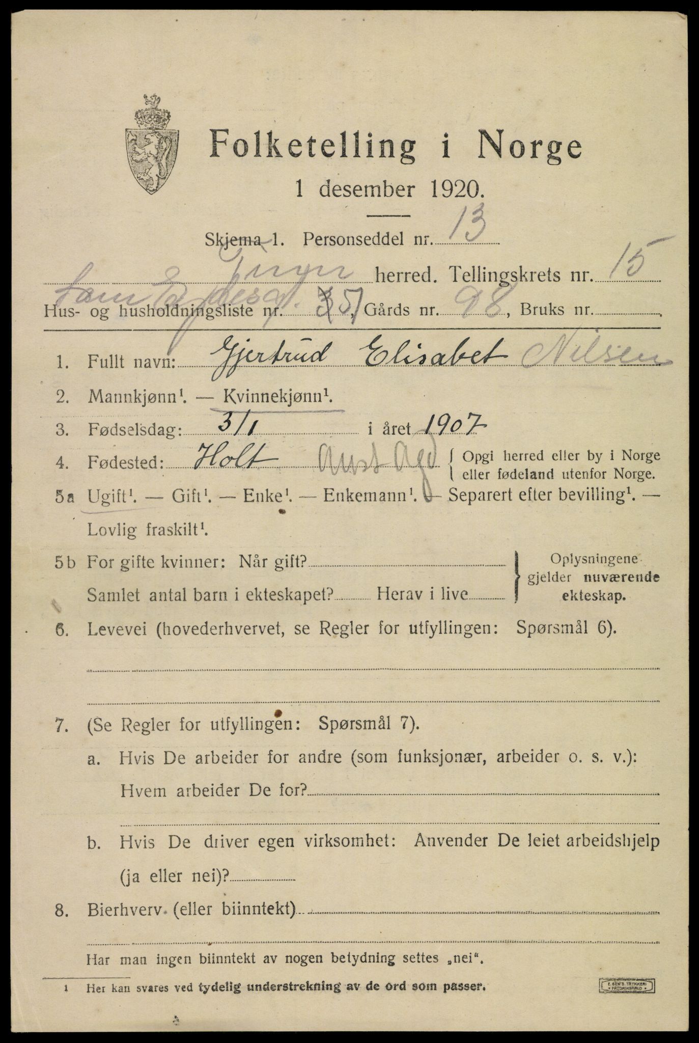 SAKO, 1920 census for Tinn, 1920, p. 13736