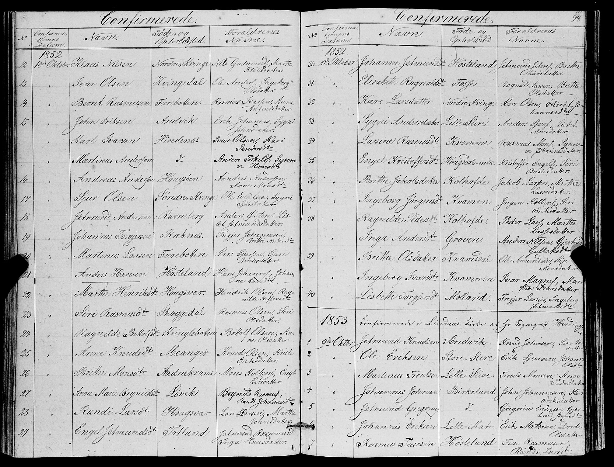 Masfjorden Sokneprestembete, SAB/A-77001: Parish register (copy) no. A 1, 1851-1875, p. 98