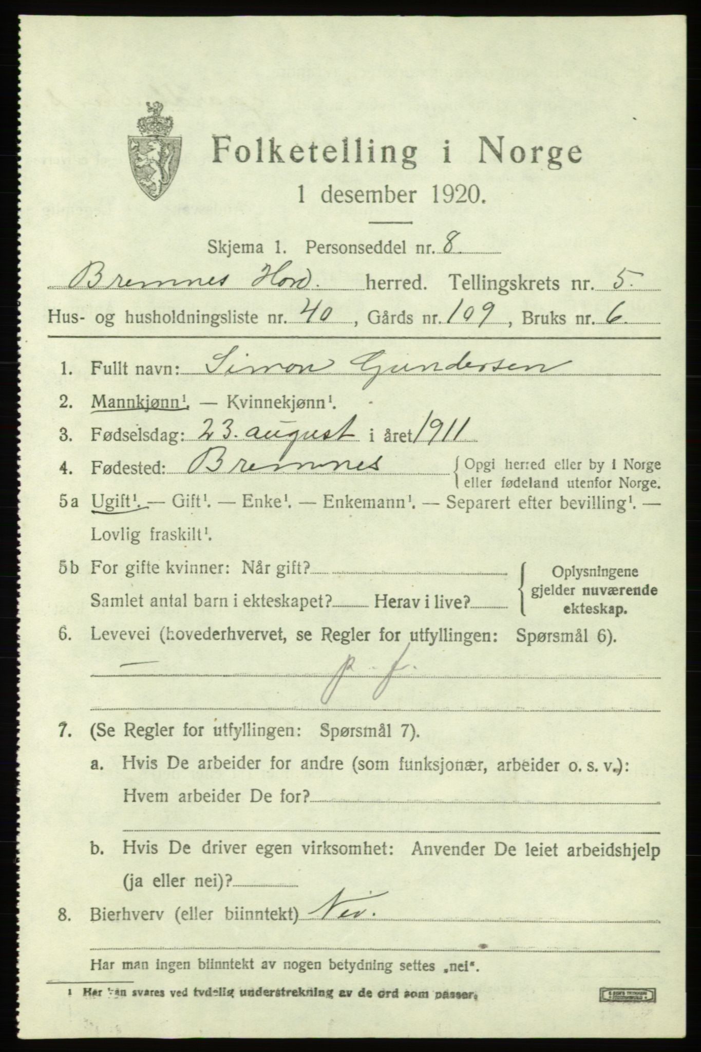 SAB, 1920 census for Bremnes, 1920, p. 3040