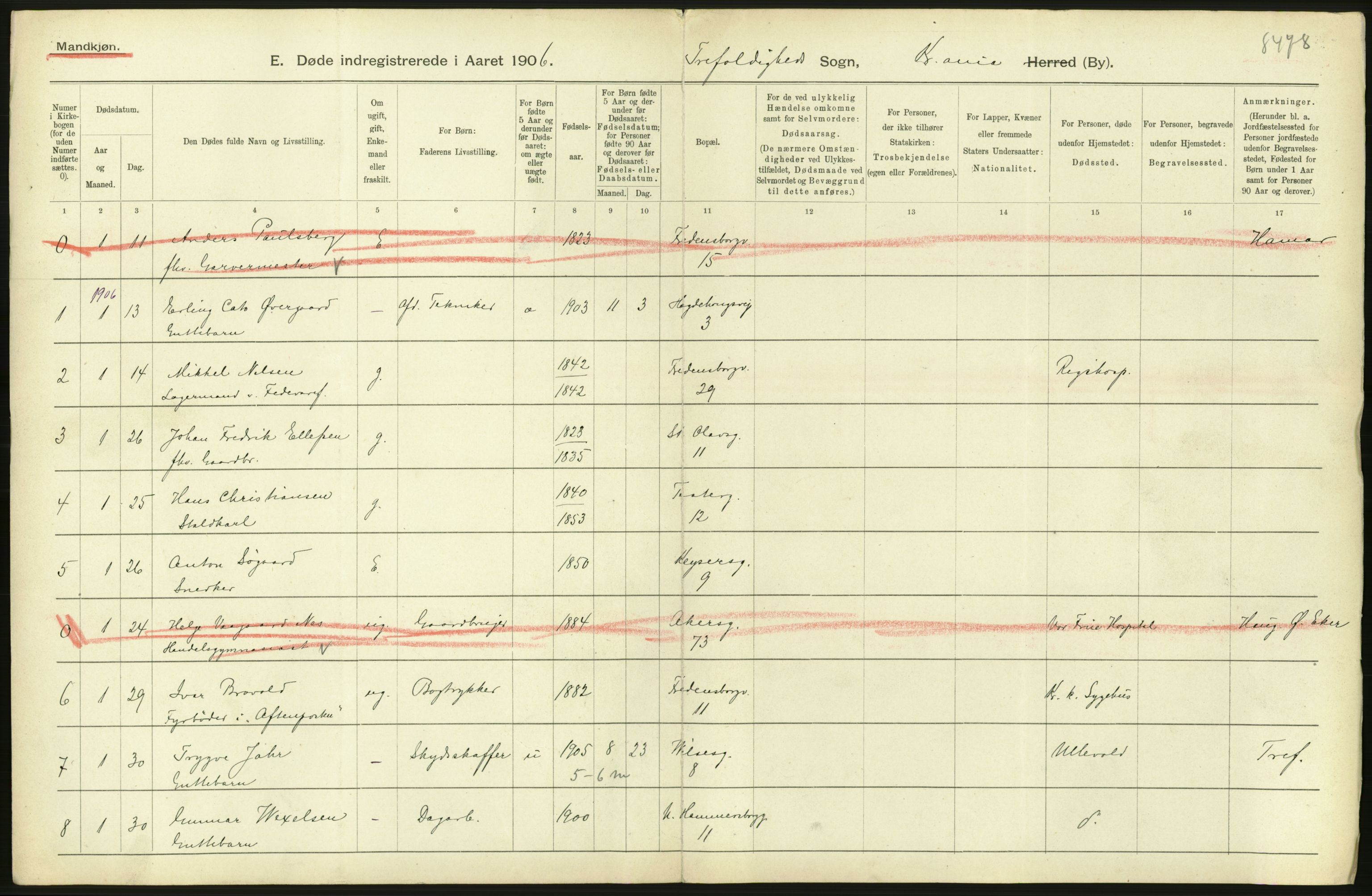 Statistisk sentralbyrå, Sosiodemografiske emner, Befolkning, AV/RA-S-2228/D/Df/Dfa/Dfad/L0010: Kristiania: Døde, dødfødte, 1906, p. 490