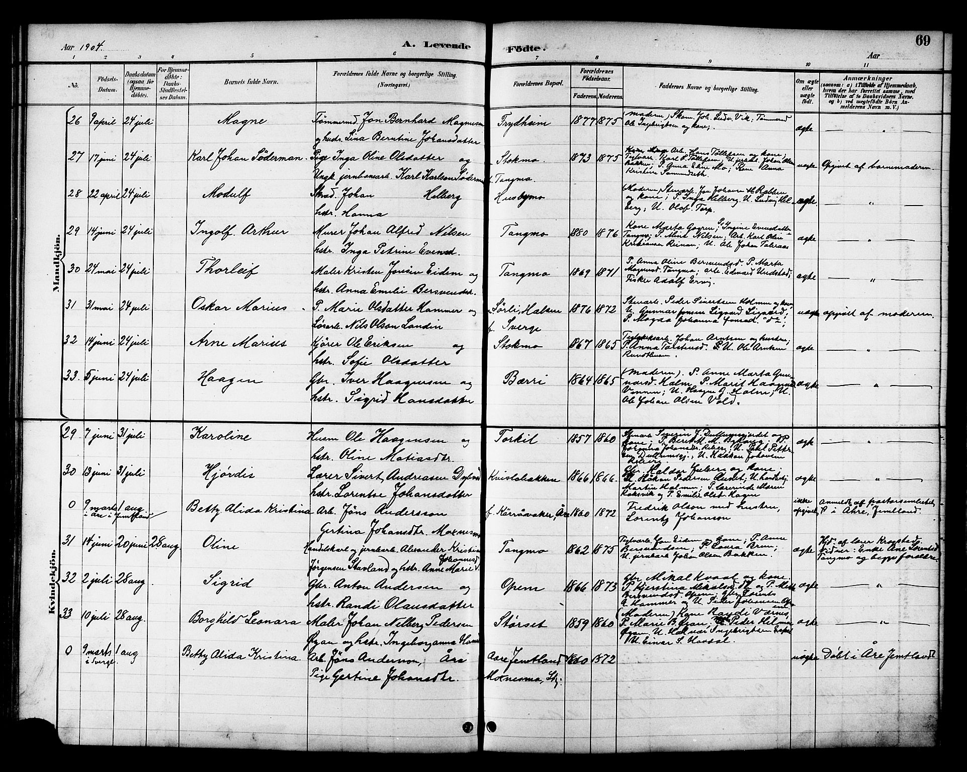 Ministerialprotokoller, klokkerbøker og fødselsregistre - Nord-Trøndelag, AV/SAT-A-1458/709/L0087: Parish register (copy) no. 709C01, 1892-1913, p. 69