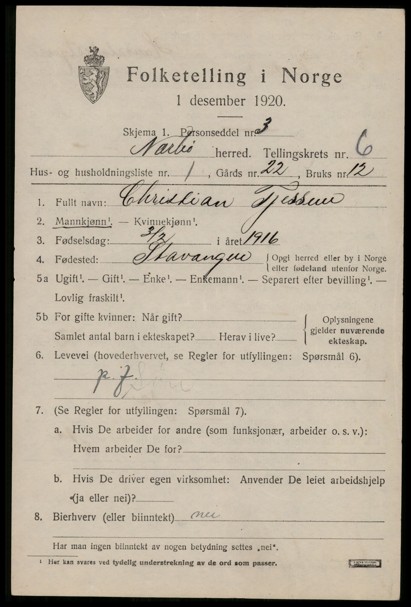 SAST, 1920 census for Nærbø, 1920, p. 3619