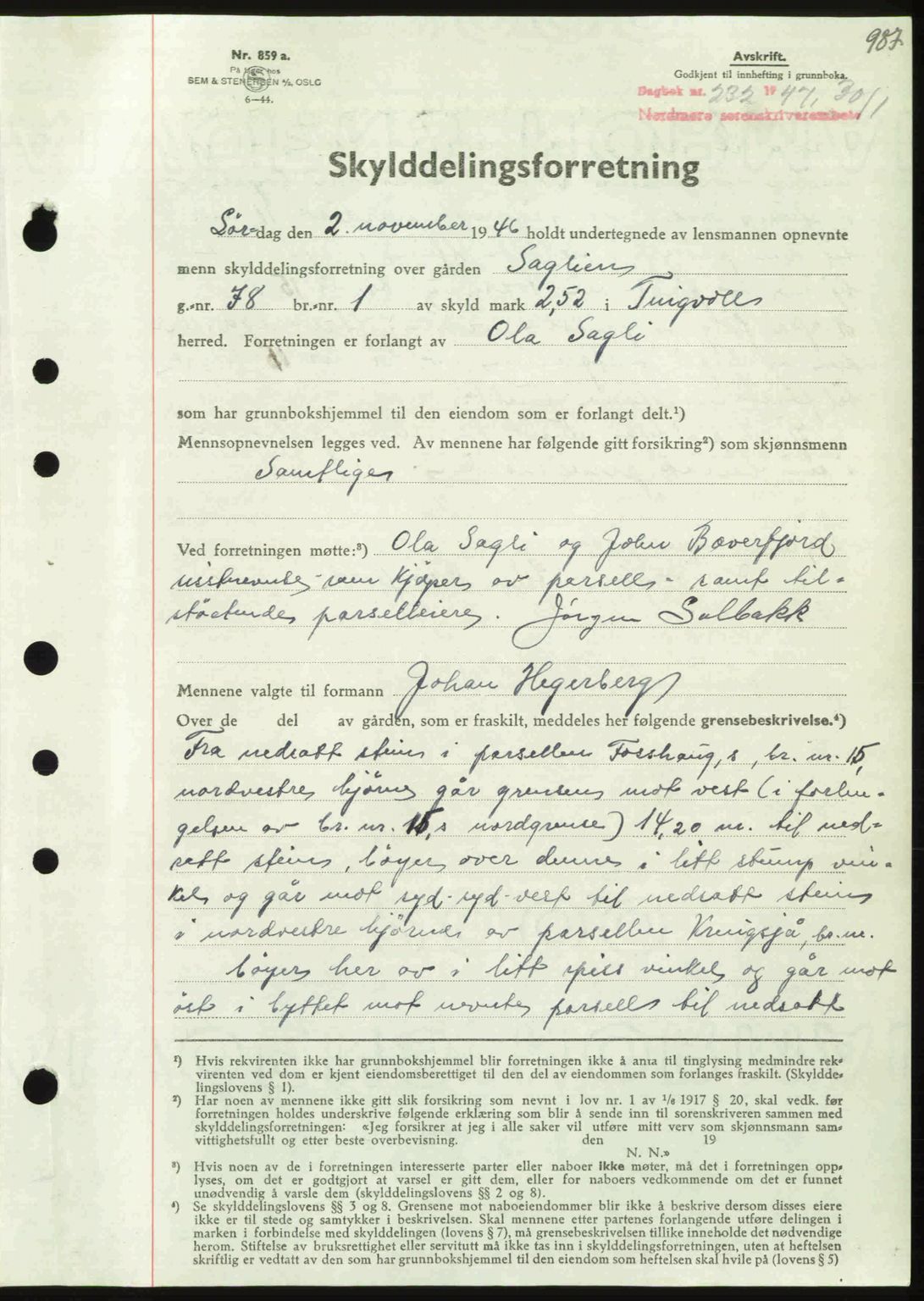 Nordmøre sorenskriveri, AV/SAT-A-4132/1/2/2Ca: Mortgage book no. A103, 1946-1947, Diary no: : 223/1947