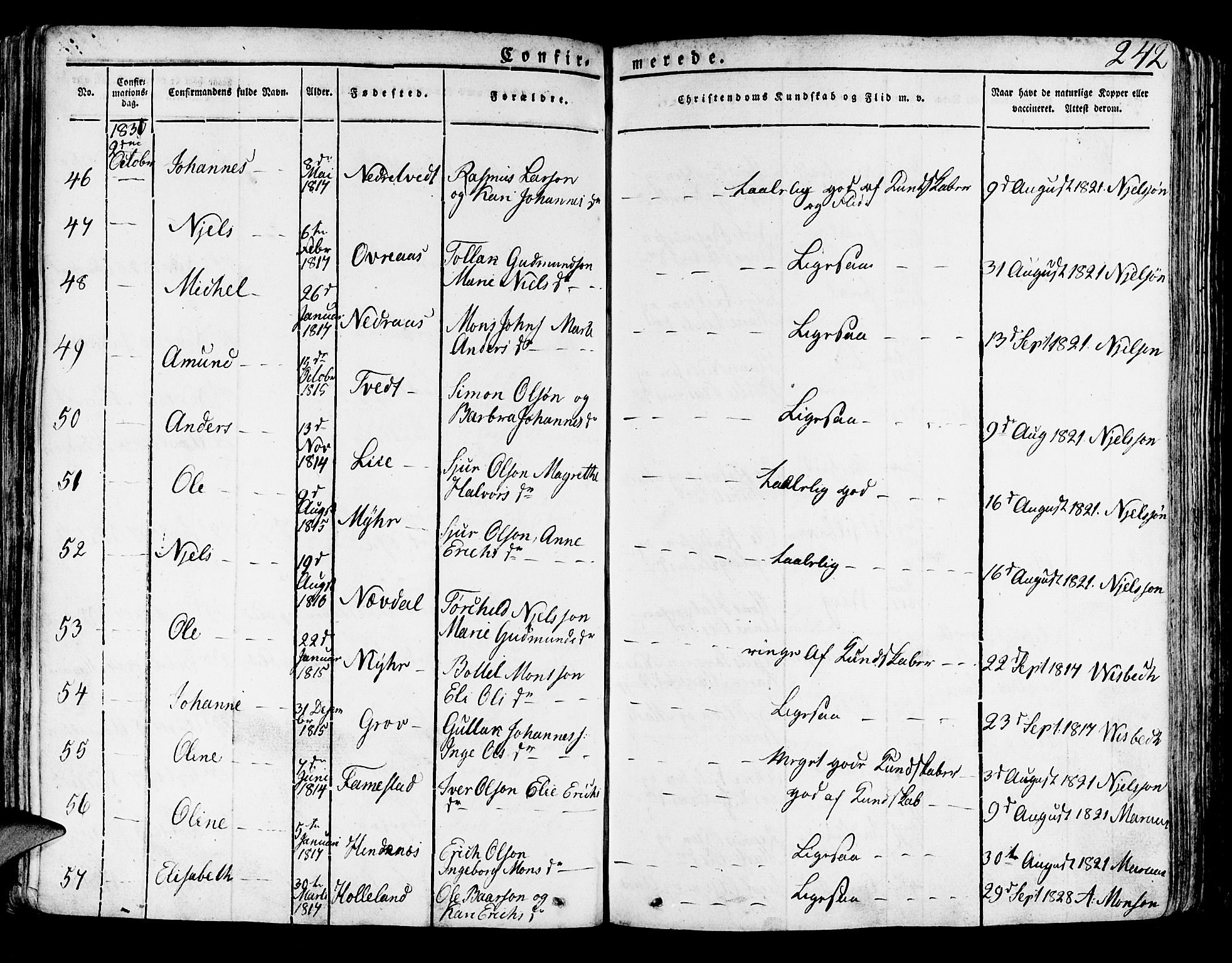 Lindås Sokneprestembete, AV/SAB-A-76701/H/Haa/Haaa/L0008: Parish register (official) no. A 8, 1823-1836, p. 242