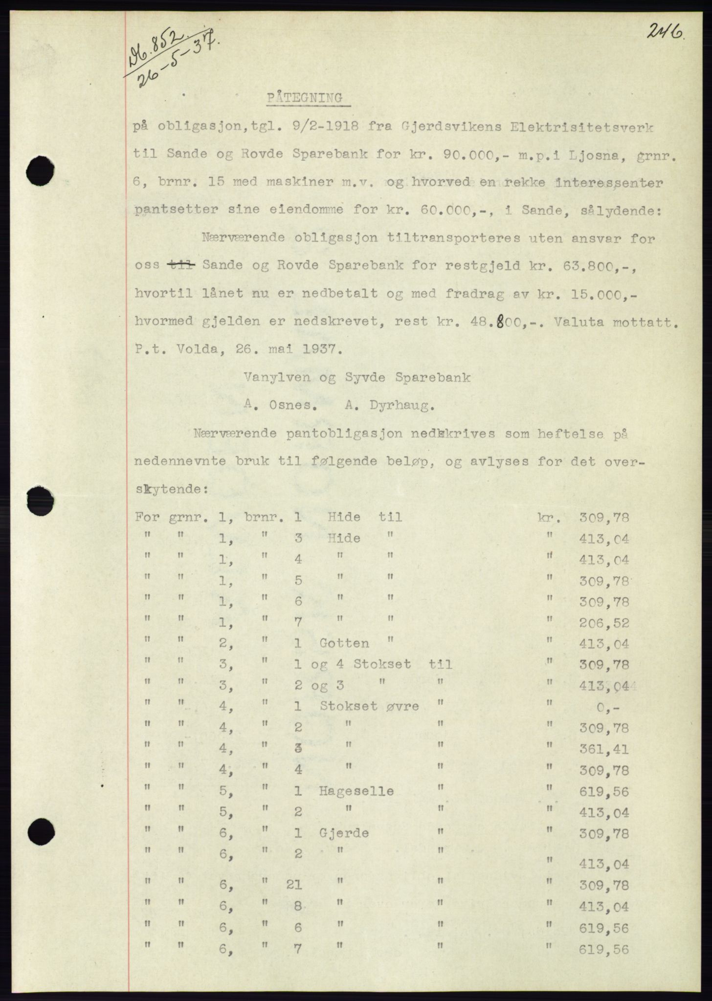 Søre Sunnmøre sorenskriveri, AV/SAT-A-4122/1/2/2C/L0063: Mortgage book no. 57, 1937-1937, Diary no: : 852/1937