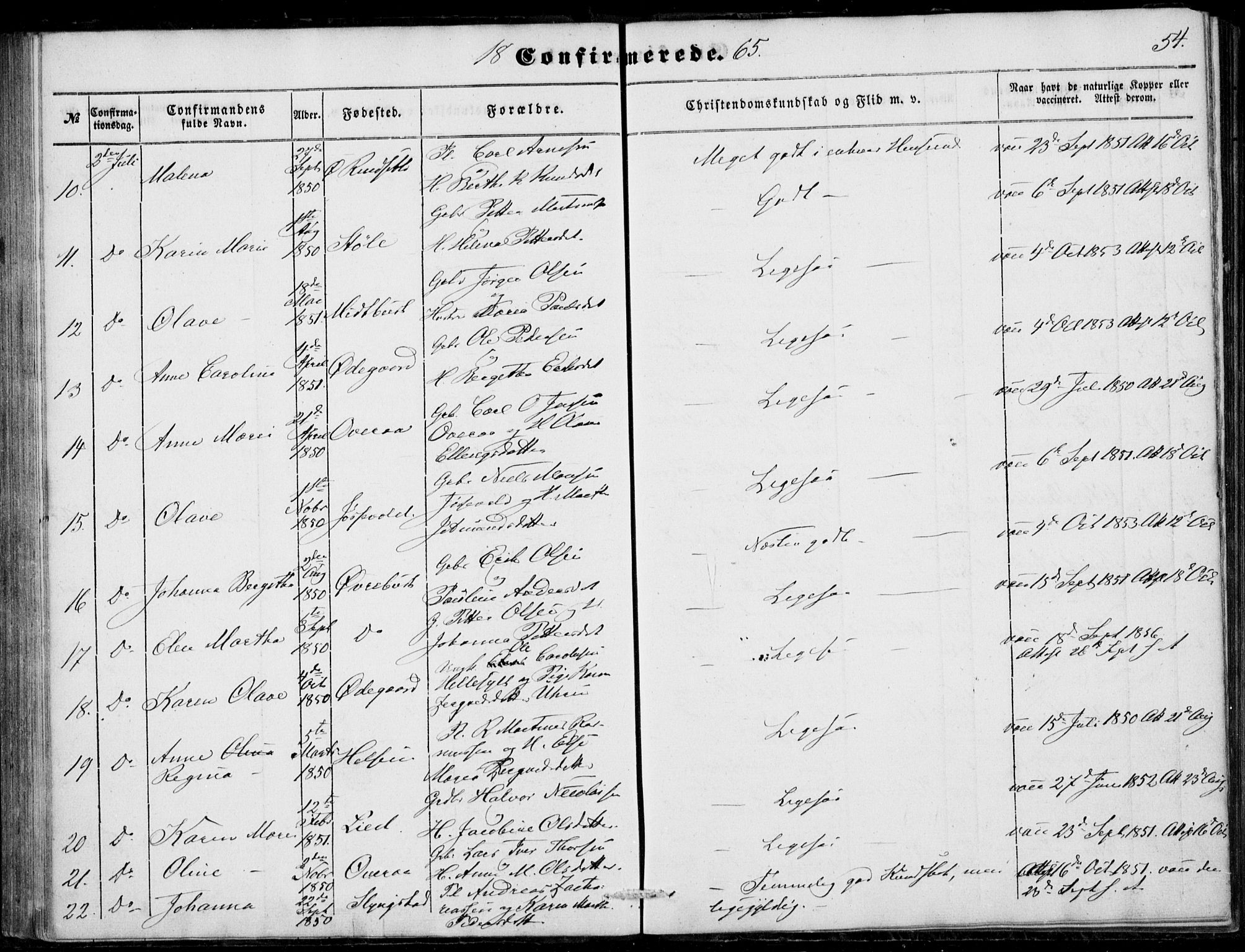 Ministerialprotokoller, klokkerbøker og fødselsregistre - Møre og Romsdal, SAT/A-1454/520/L0281: Parish register (official) no. 520A10, 1851-1881, p. 54