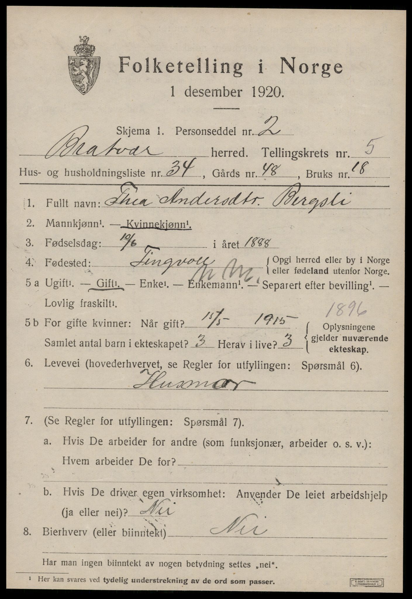 SAT, 1920 census for Brattvær, 1920, p. 2786