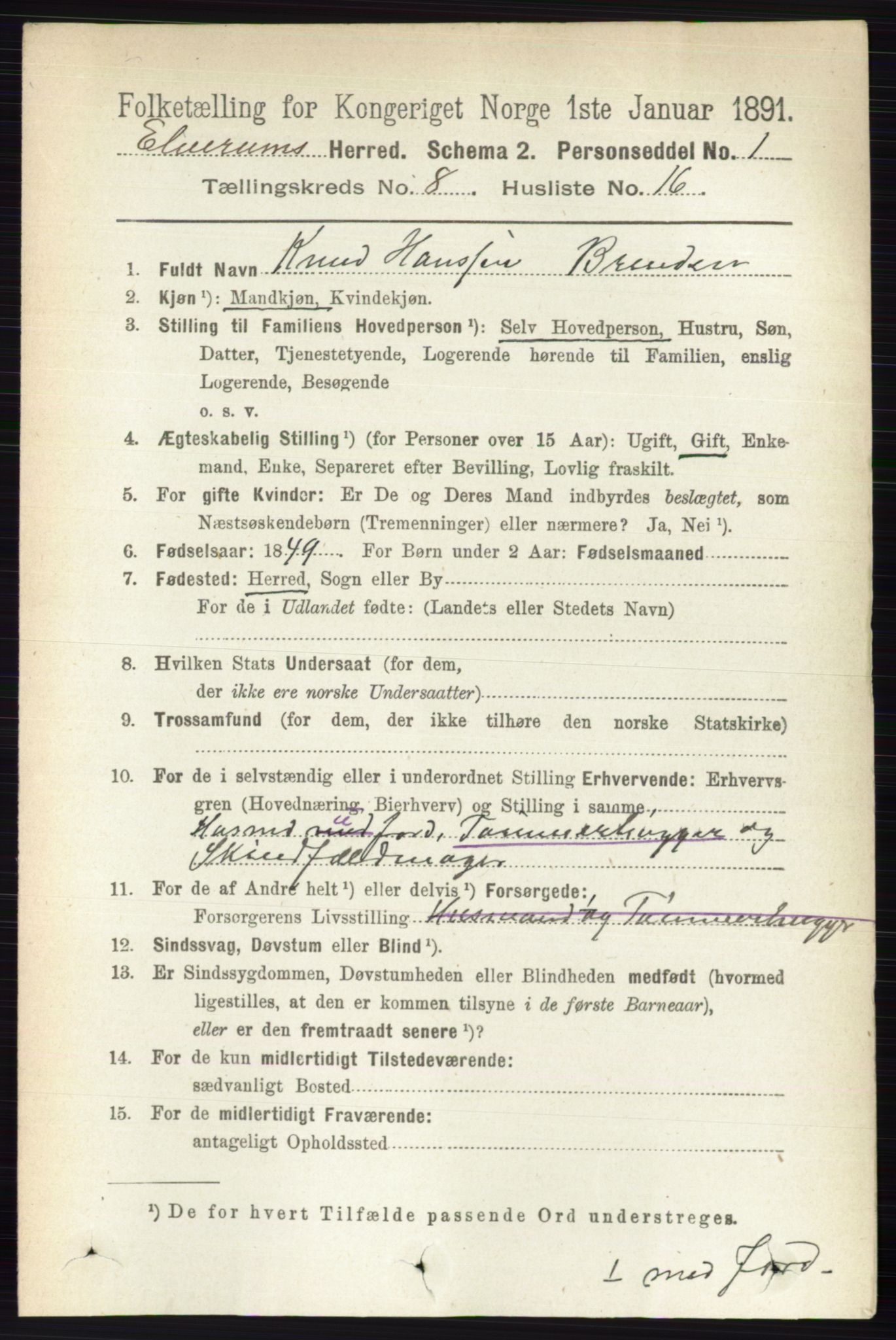 RA, 1891 census for 0427 Elverum, 1891, p. 7121