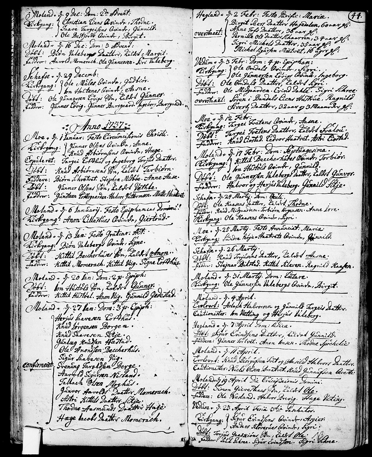 Fyresdal kirkebøker, SAKO/A-263/F/Fa/L0001: Parish register (official) no. I 1, 1724-1748, p. 44
