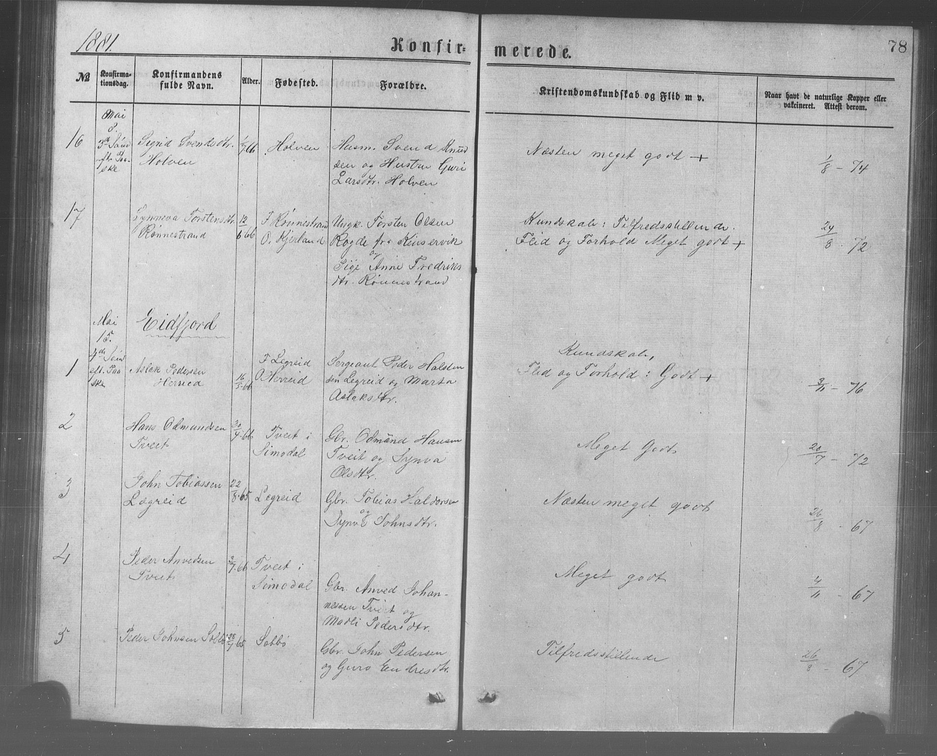 Ulvik sokneprestembete, AV/SAB-A-78801/H/Haa: Parish register (official) no. A 17, 1873-1891, p. 78